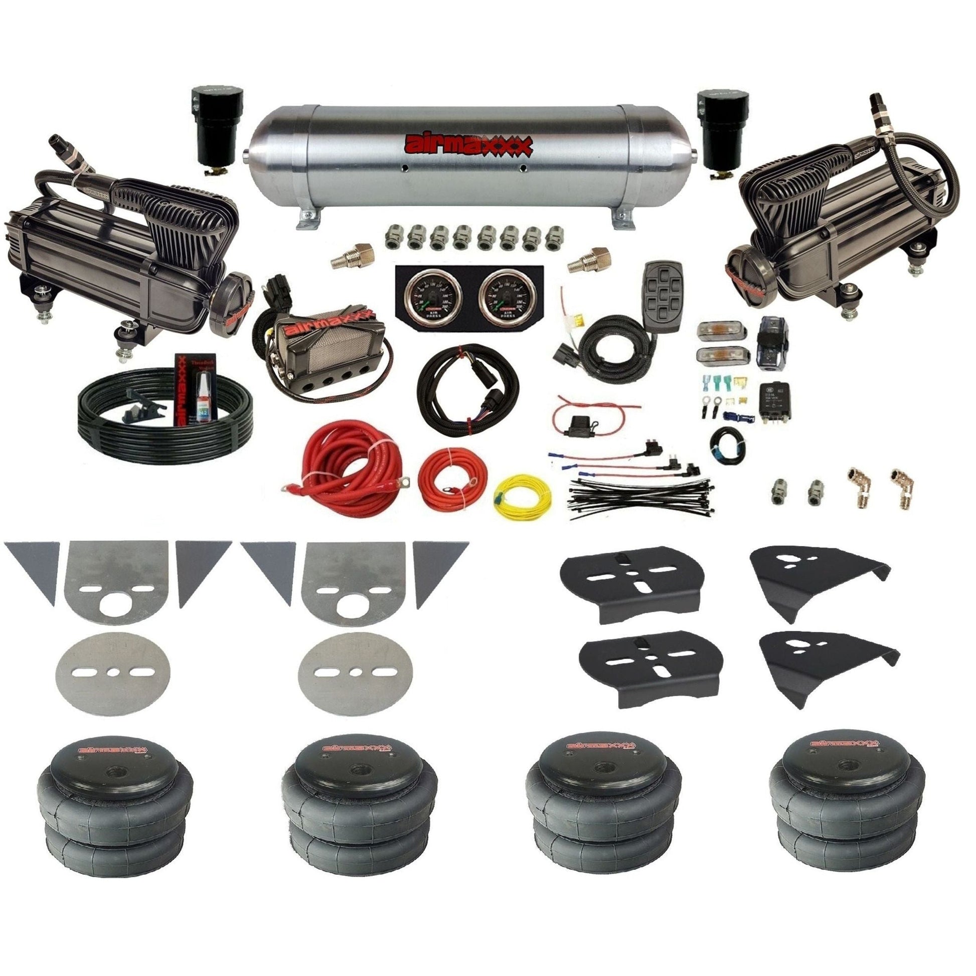 airmaxxx torsion bar mini truck air suspension kit with x-series  compressors aluminum tank 2500 bags and brackets KTOR-XB2-57ARW-X4X7-X7R-WK-HF