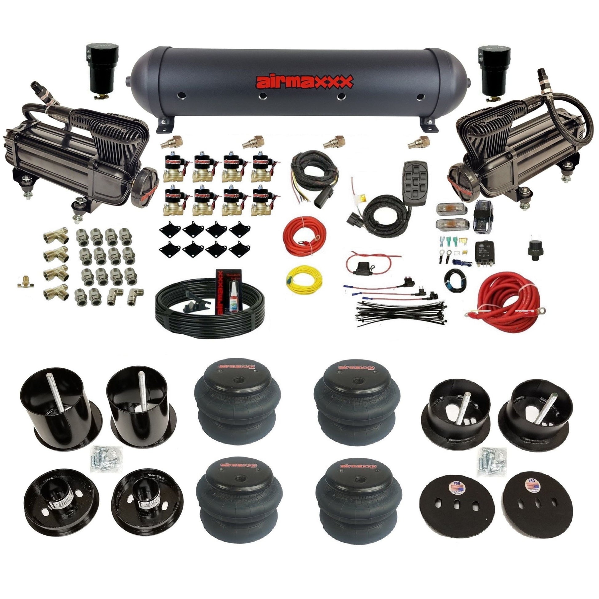 airmaxxx x-series air compressors 2600 bags and aluminum tank for air suspension kit Fits 1963-64 cadillac KCAD63-XB2-838-59ABK-7BK-WK-HF
