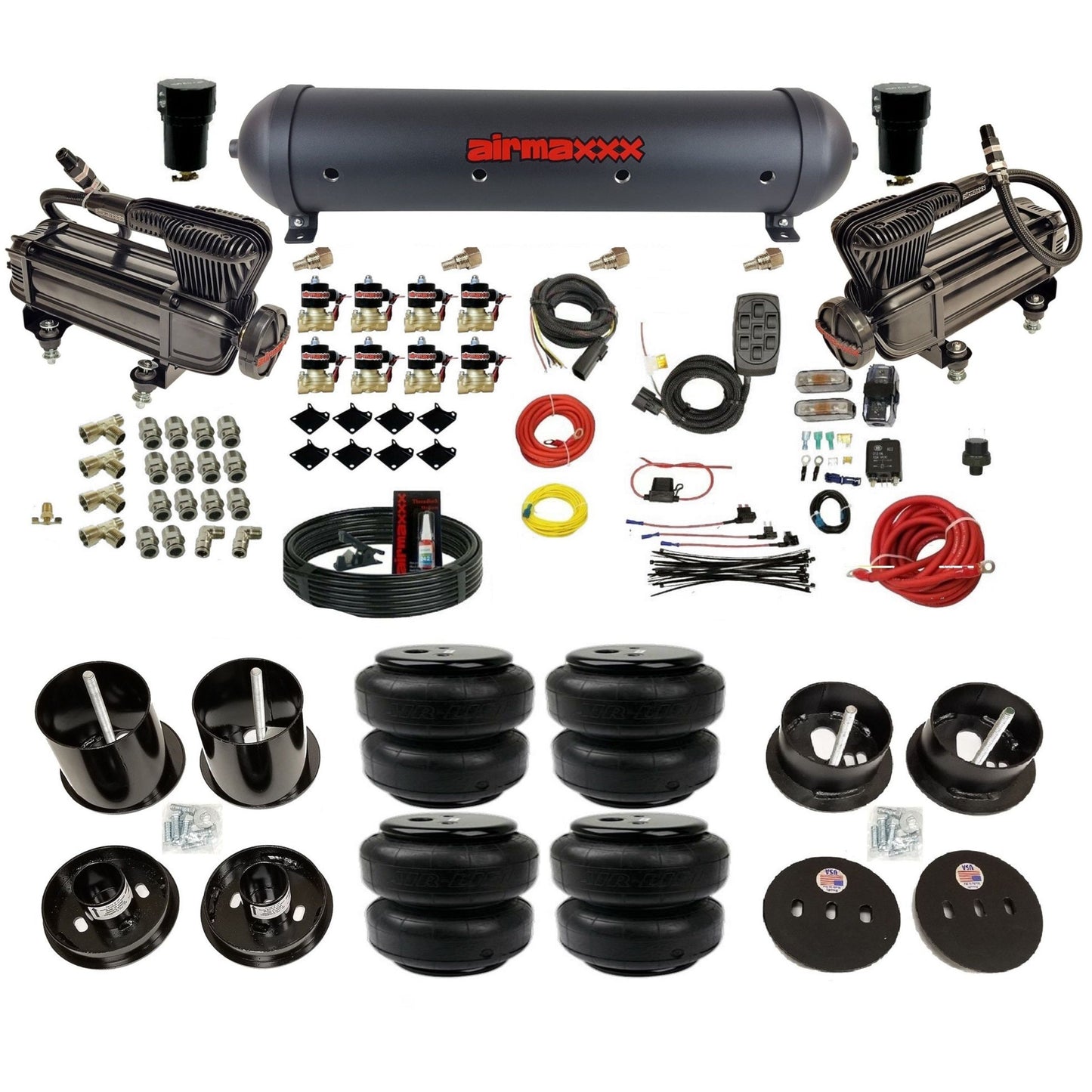 airmaxxx x-series air compressors Air Lift bags and aluminum tank for air suspension kit Fits 1963-64 cadillac KCAD63-XB2-838-59ABK-7BK-WK-HFD25