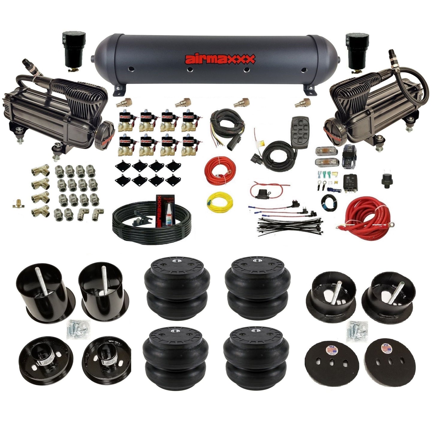 airmaxxx x-series air compressors Slam bags and aluminum tank for air suspension kit Fits 1963-64 cadillac KCAD63-XB2-838-59ABK-7BK-WK-HFSS7