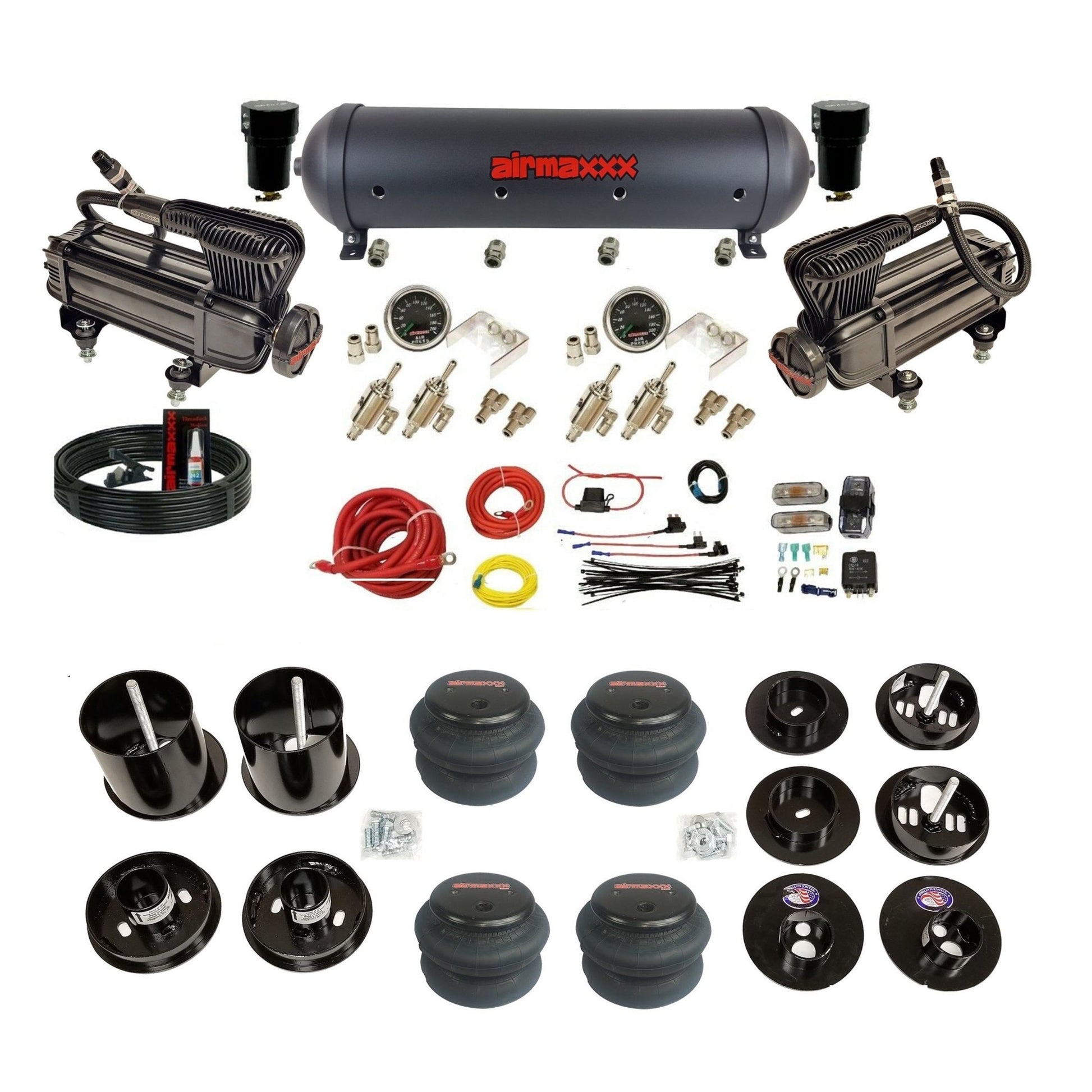 airmaxxx x-series air compressors black aluminum air tank & 2600 bags and brackets with install kit KCAD65-XB2-59ABK-4TOG2GA2B-WK-HF
