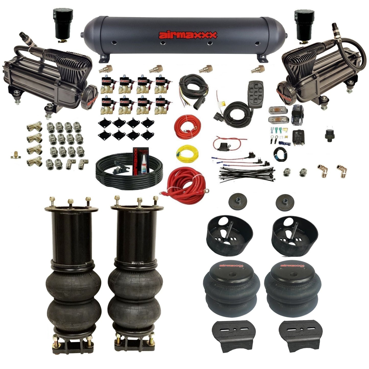 airmaxxx x-series air compressors black aluminum air tank 2600 bags & brackets fits 2007-18 tahoe KSUV07-XB2-838-59ABK-7BK-WK-HF