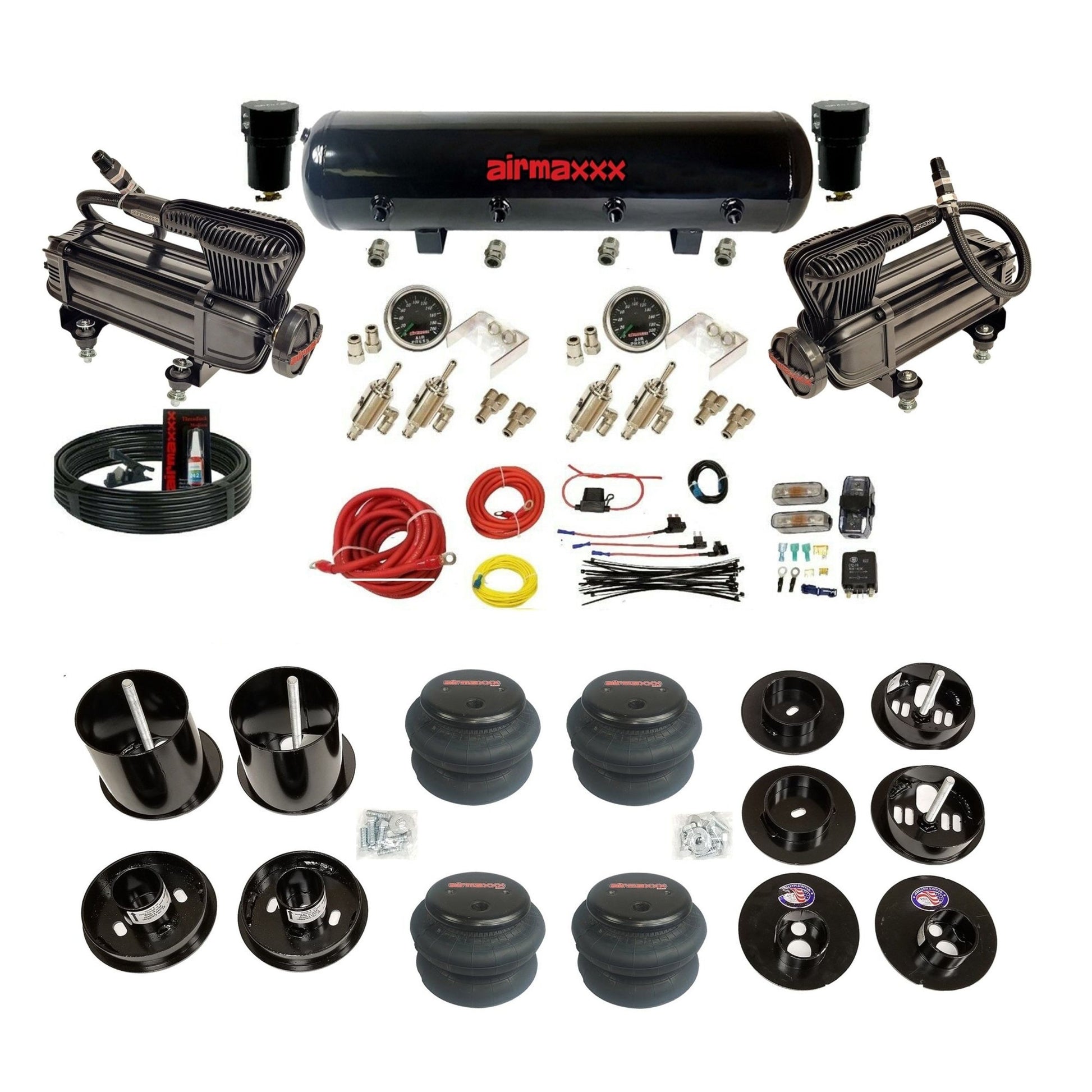 airmaxxx x-series air compressors black steel air tank & 2600 bags and brackets with install kit KCAD65-XB2-59S-4TOG2GA2B-WK-HF