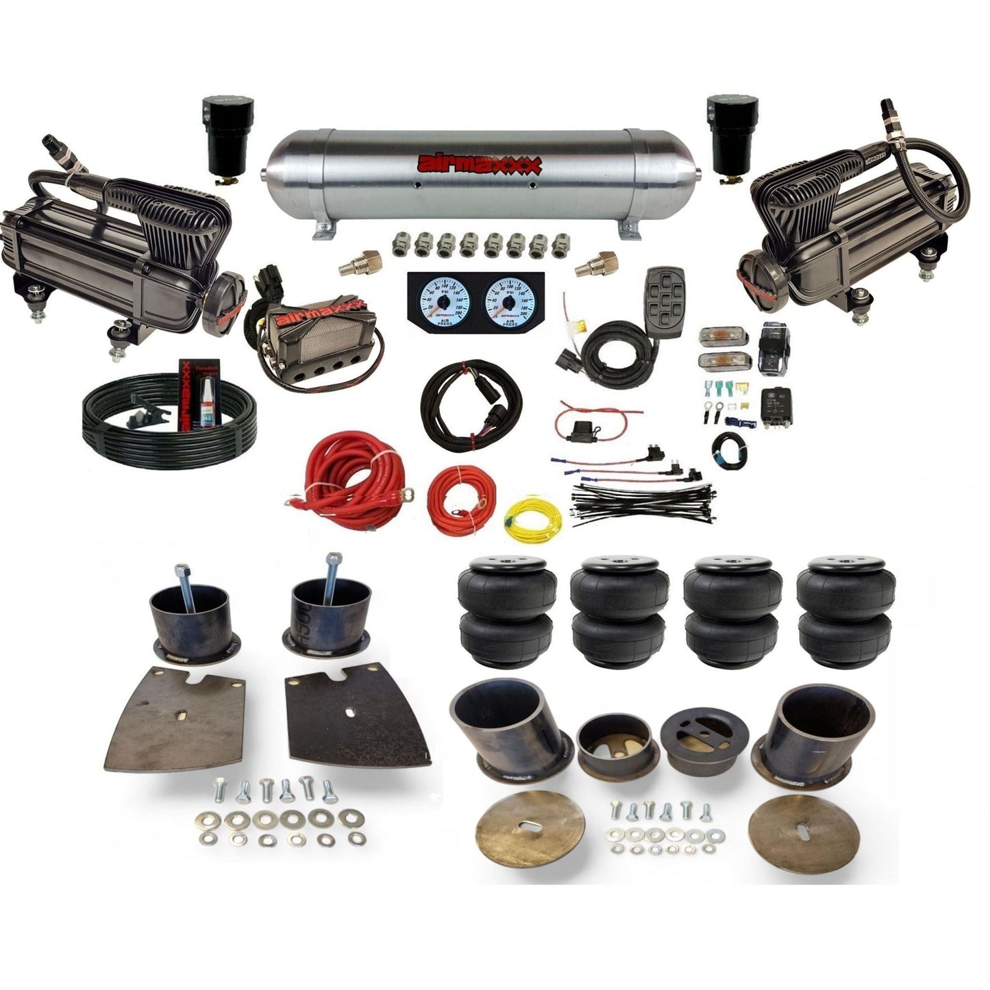 airmaxxx x-series compressors x4 manifold raw aluminum air tank Air Lift bags and brackets kit KBUI61-XB2-57ARW-X4X7-WK-HFD25