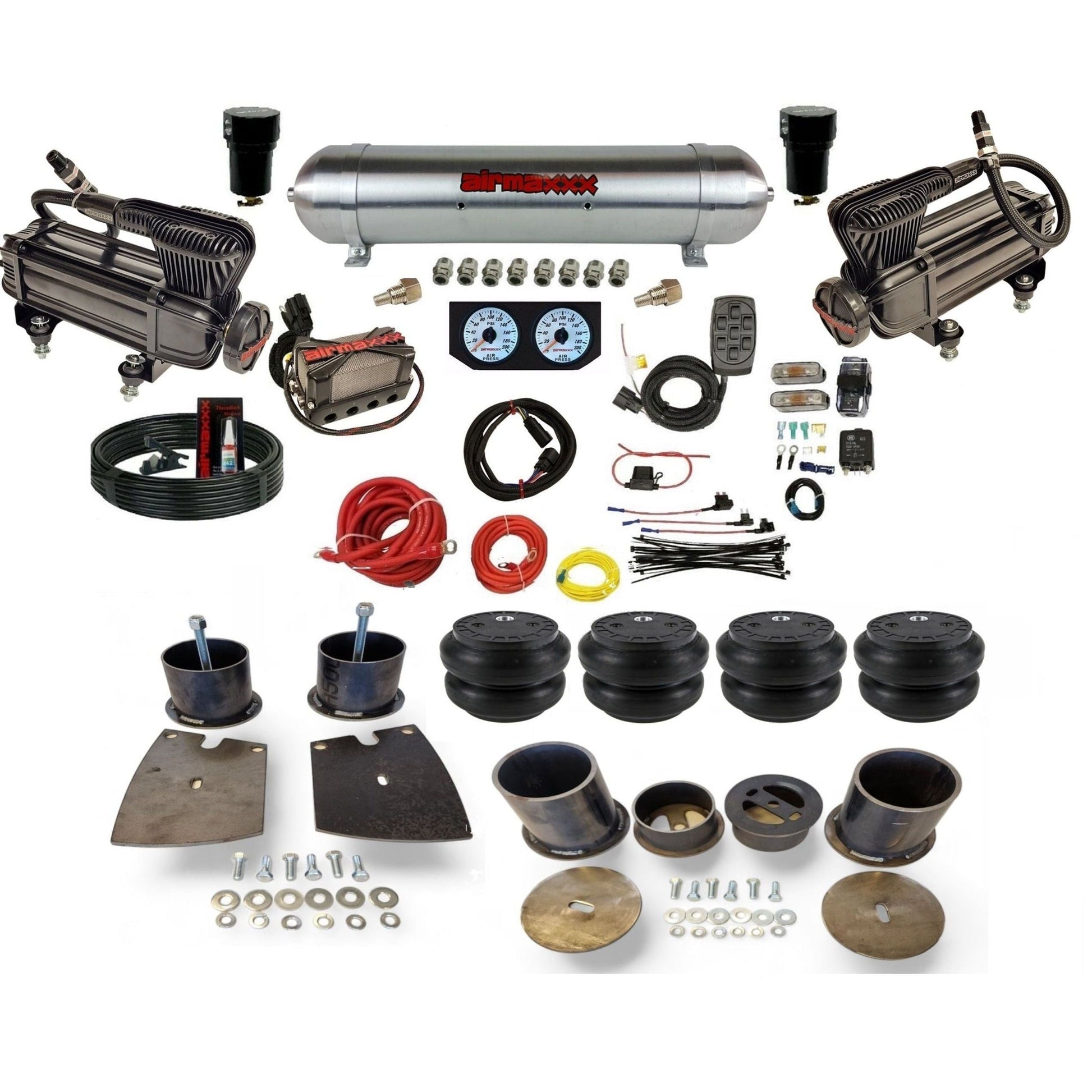 airmaxxx x-series compressors x4 manifold raw aluminum air tank Slam  bags and brackets kit KBUI61-XB2-57ARW-X4X7-WK-HFSS7