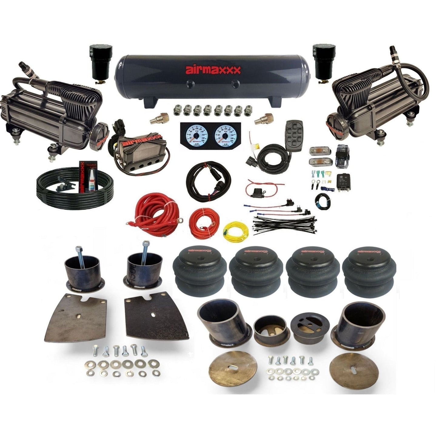 airmaxxx x-series compressors x4 manifold steel air tank 2600 bags and brackets kit KBUI61-XB2-57S-X4X7-WK-HF