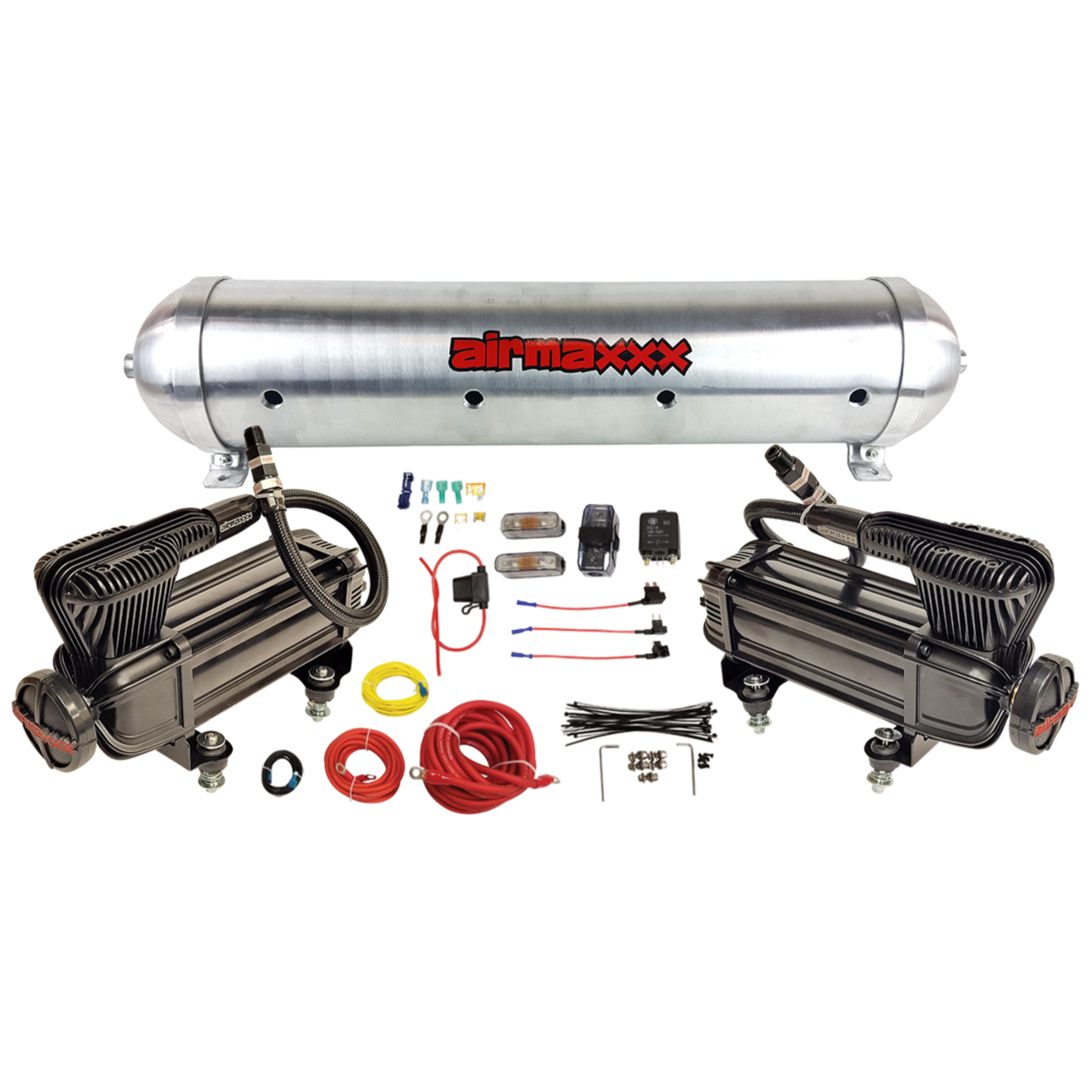 airmaxxx x series dual compressor kit with 5 gallon 9 port raw tank