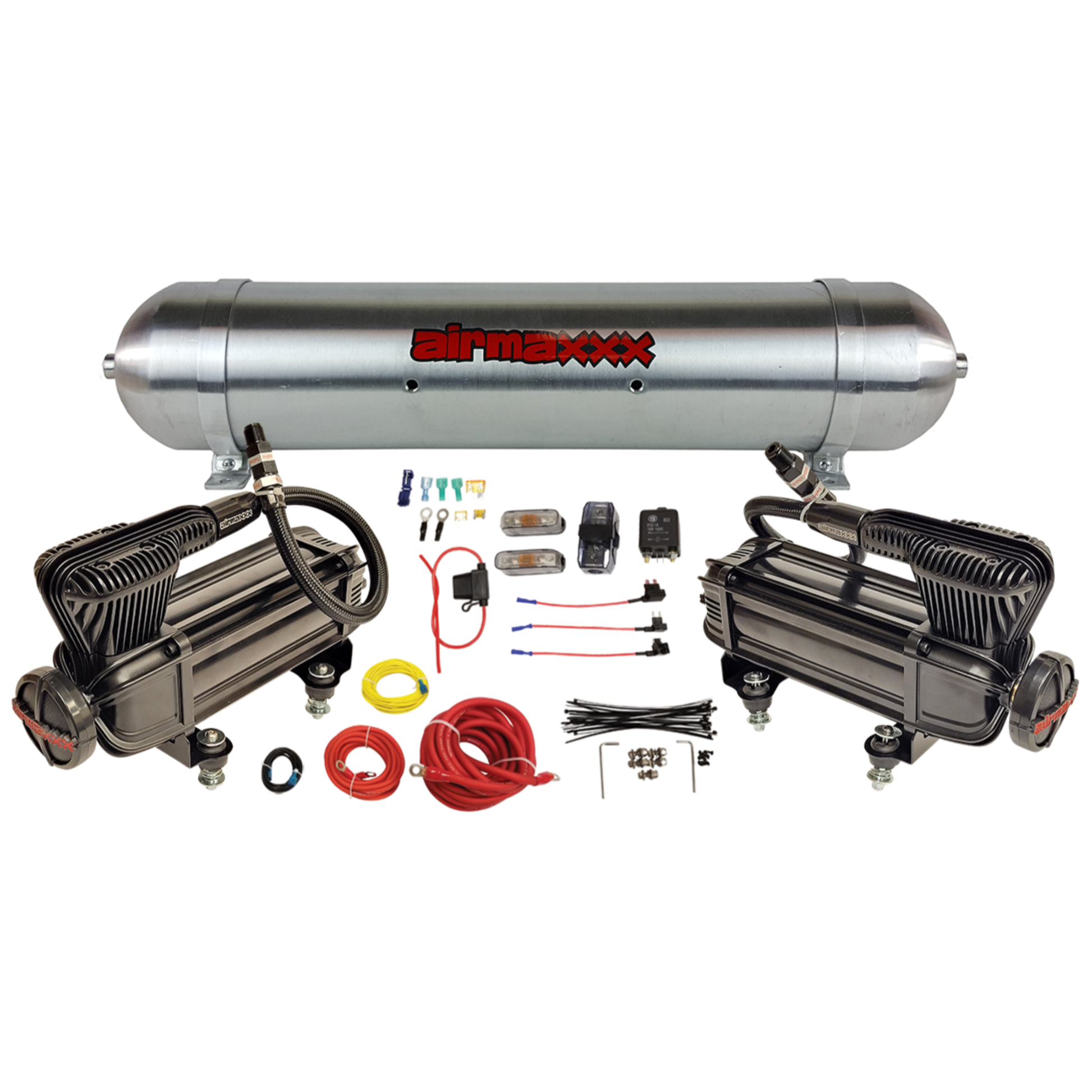 airmaxxx x series dual pack air compressors kit with 5 gallon 7 port tank