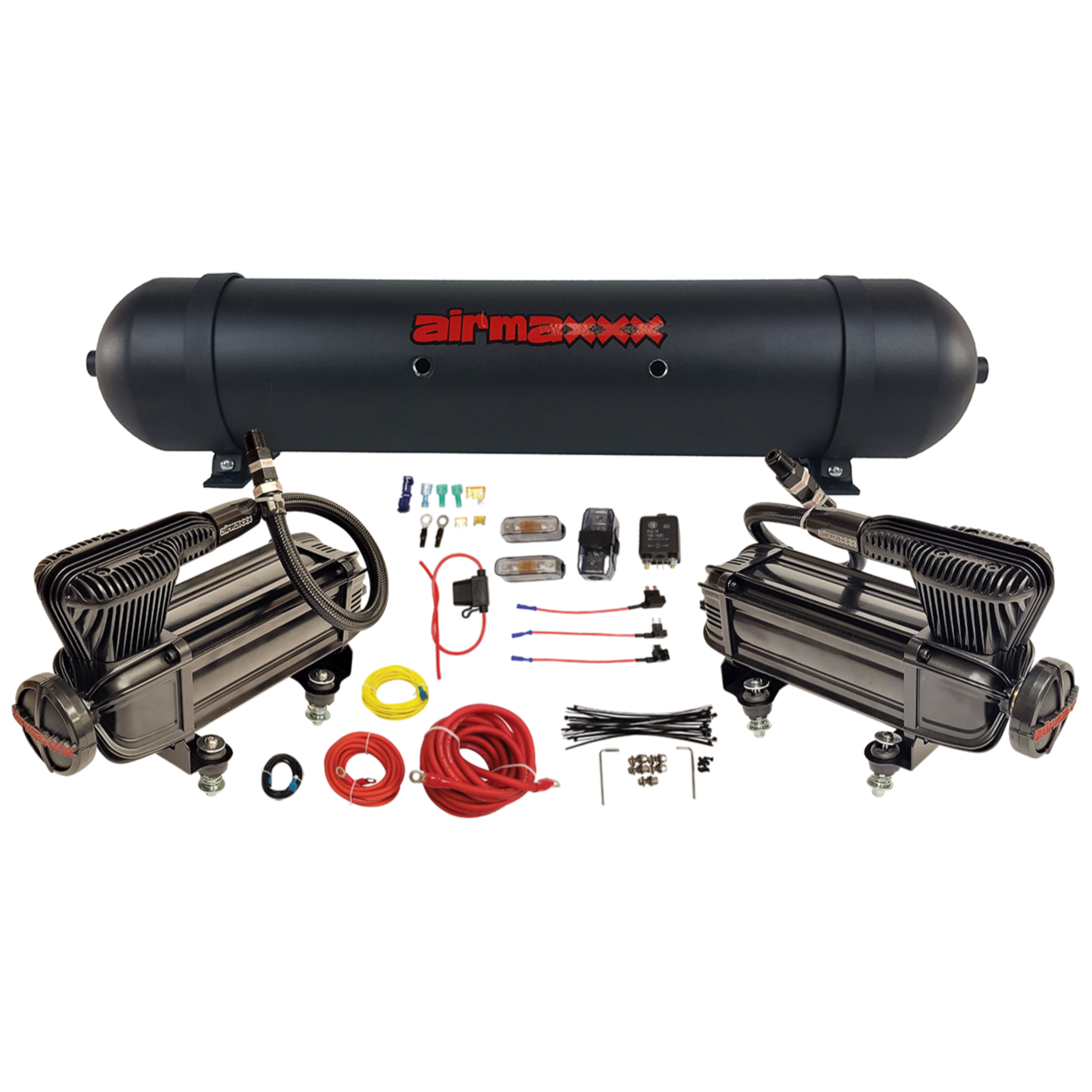 airmaxxx x series dual pack compressors with 5 gallon 7 port black aluminum air tank xseries-wk-57ablk