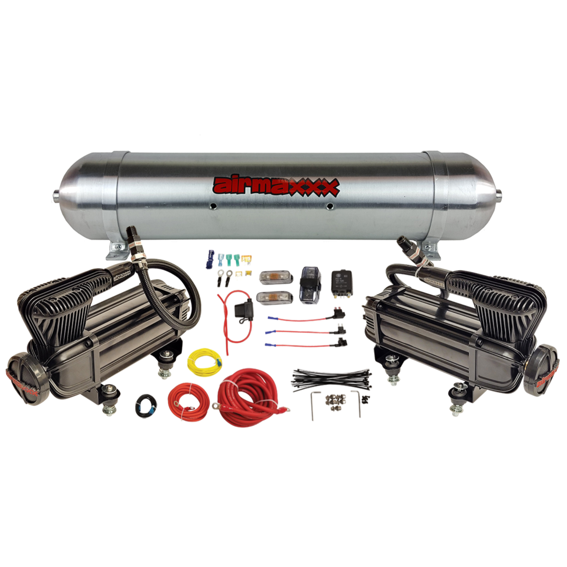 airmaxxx x series dual pack compressors with 5 gallon 7 port raw aluminum air tank xseries-wk-57raw