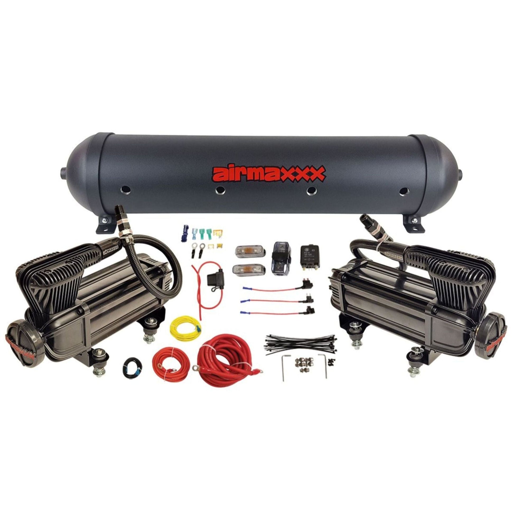 airmaxxx x series dual pack compressors with 5 gallon 9 port black aluminum air tank xseries-wk-59ablk