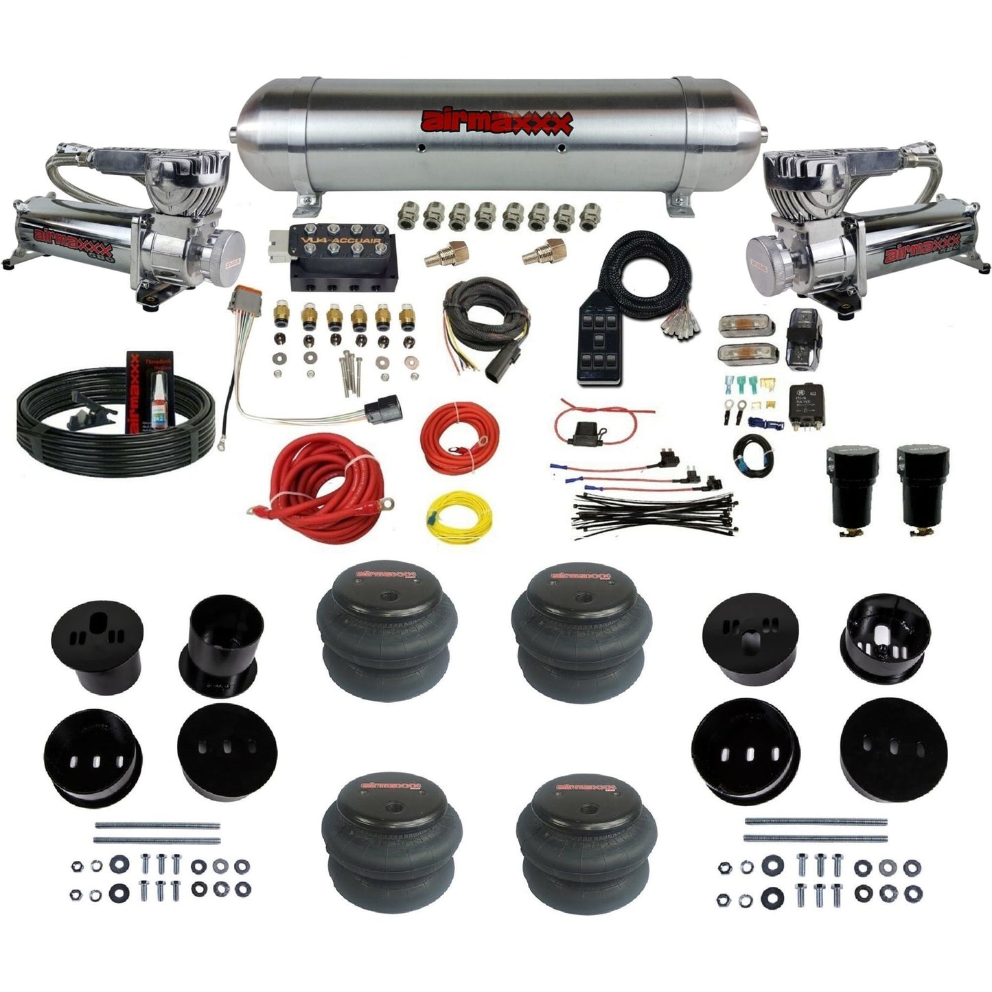 chrome 580 dual compressors raw aluminum tank 2600 bags air ride kit for 1958-1960 cadillac KCAD58-580C2-57ARW-VU4-7BK-WK-HF