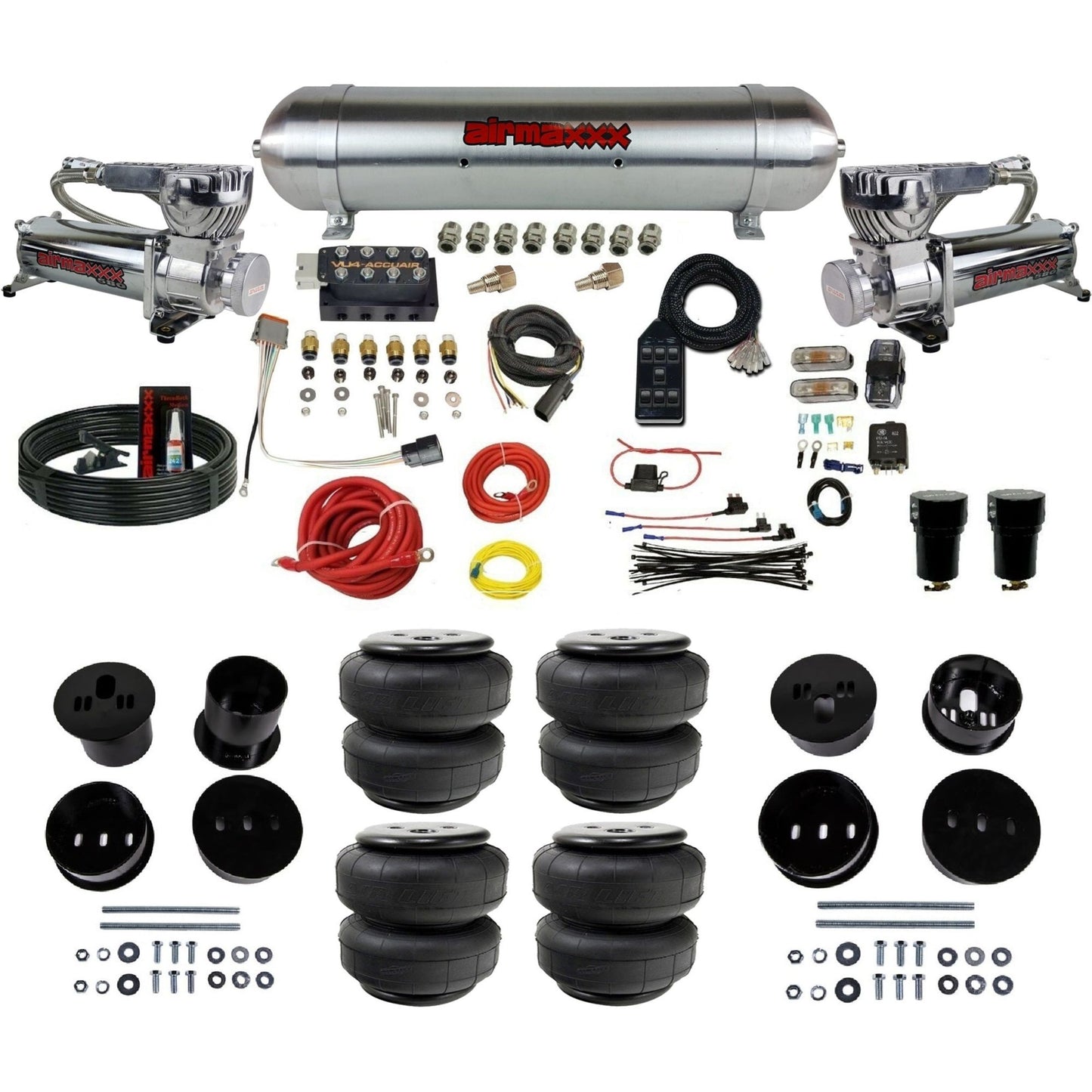 chrome 580 dual compressors raw aluminum tank airlift bags air ride kit for 1958-1960 cadillac KCAD58-580C2-57ARW-VU4-7BK-WK-HFD25