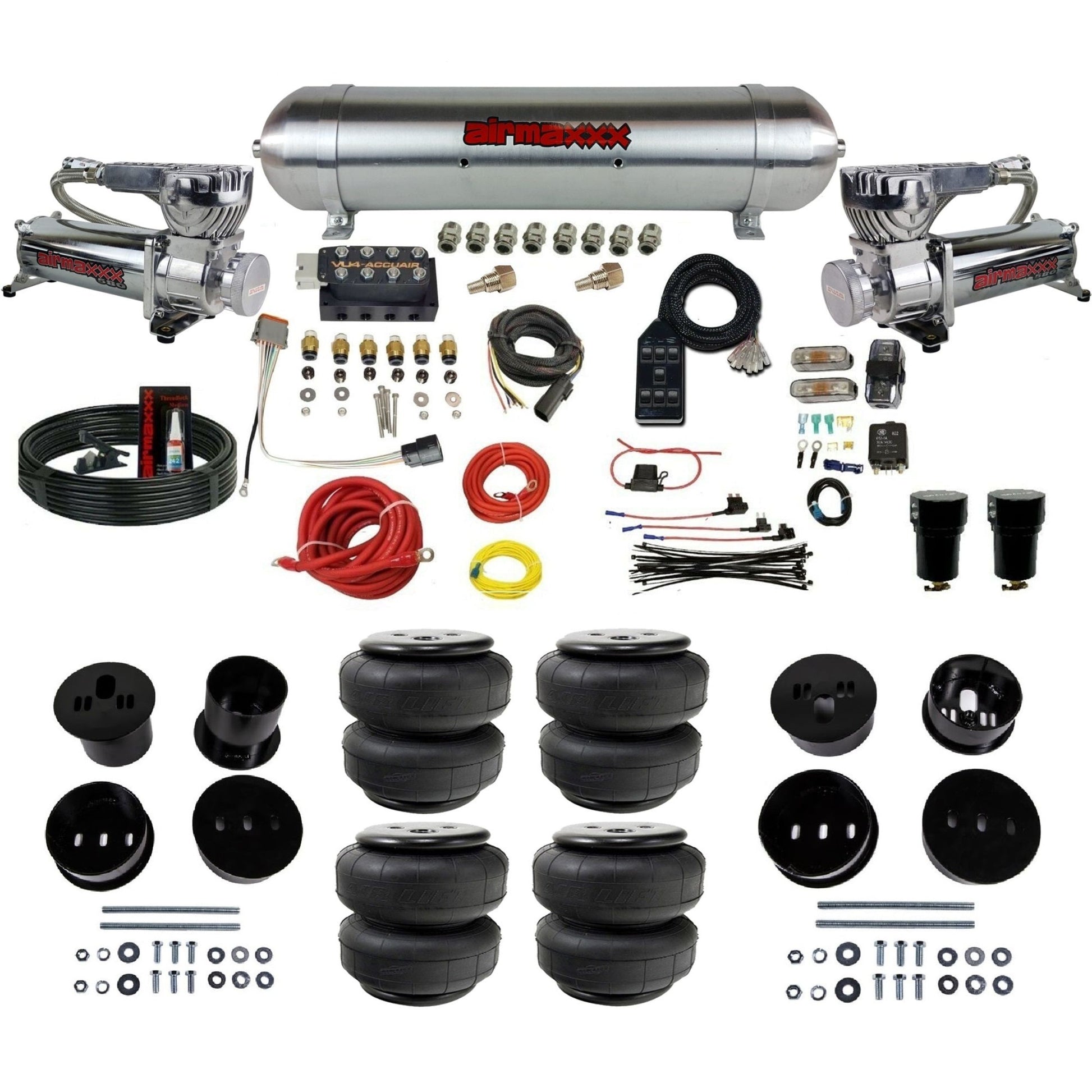 chrome 580 dual compressors raw aluminum tank airlift bags air ride kit for 1958-1960 cadillac KCAD58-580C2-57ARW-VU4-7BK-WK-HFD25