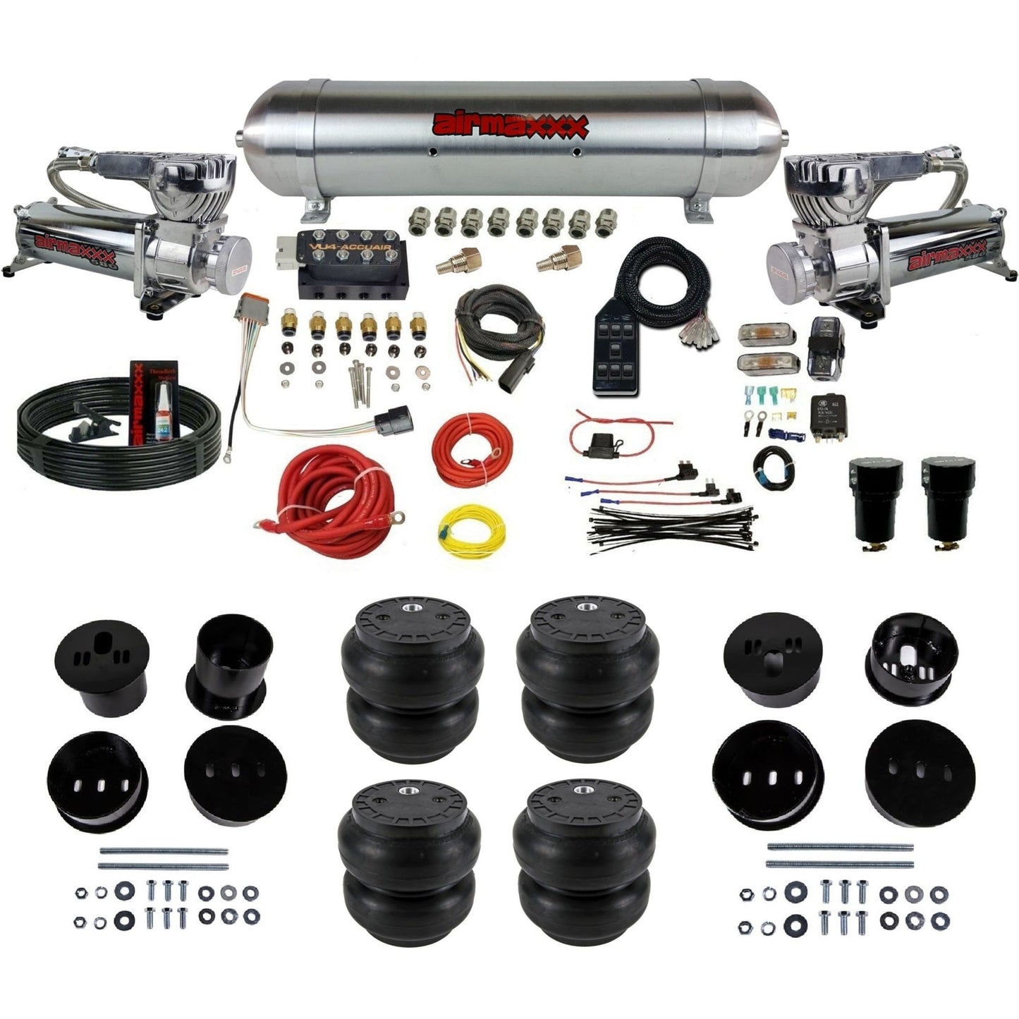 chrome 580 dual compressors raw aluminum tank slam bags air ride kit for 1958-1960 cadillac KCAD58-580C2-57ARW-VU4-7BK-WK-HFSS7