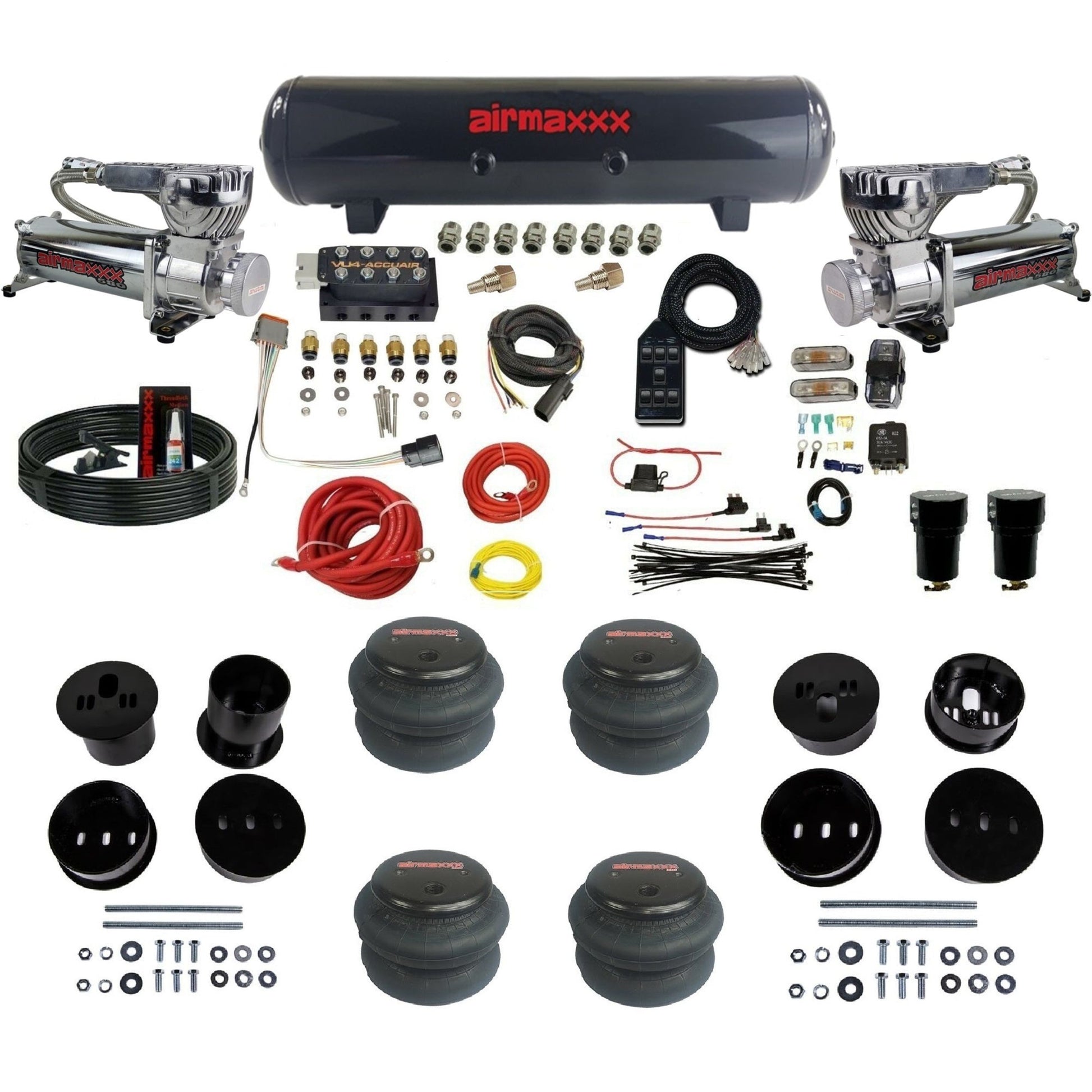 chrome 580 dual compressors steel tank 2600 bags air ride kit for 1958-1960 cadillac KCAD58-580C2-57S-VU4-7BK-WK-HF