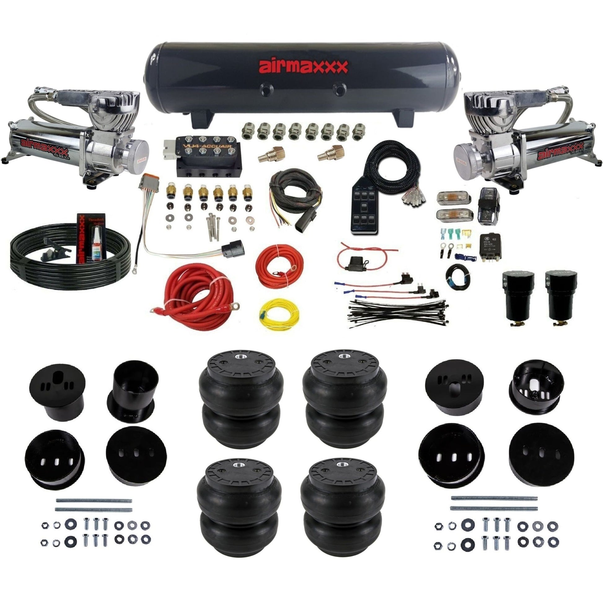 chrome 580 dual compressors steel tank slam bags air ride kit for 1958-1960 cadillac KCAD58-580C2-57S-VU4-7BK-WK-HFSS7