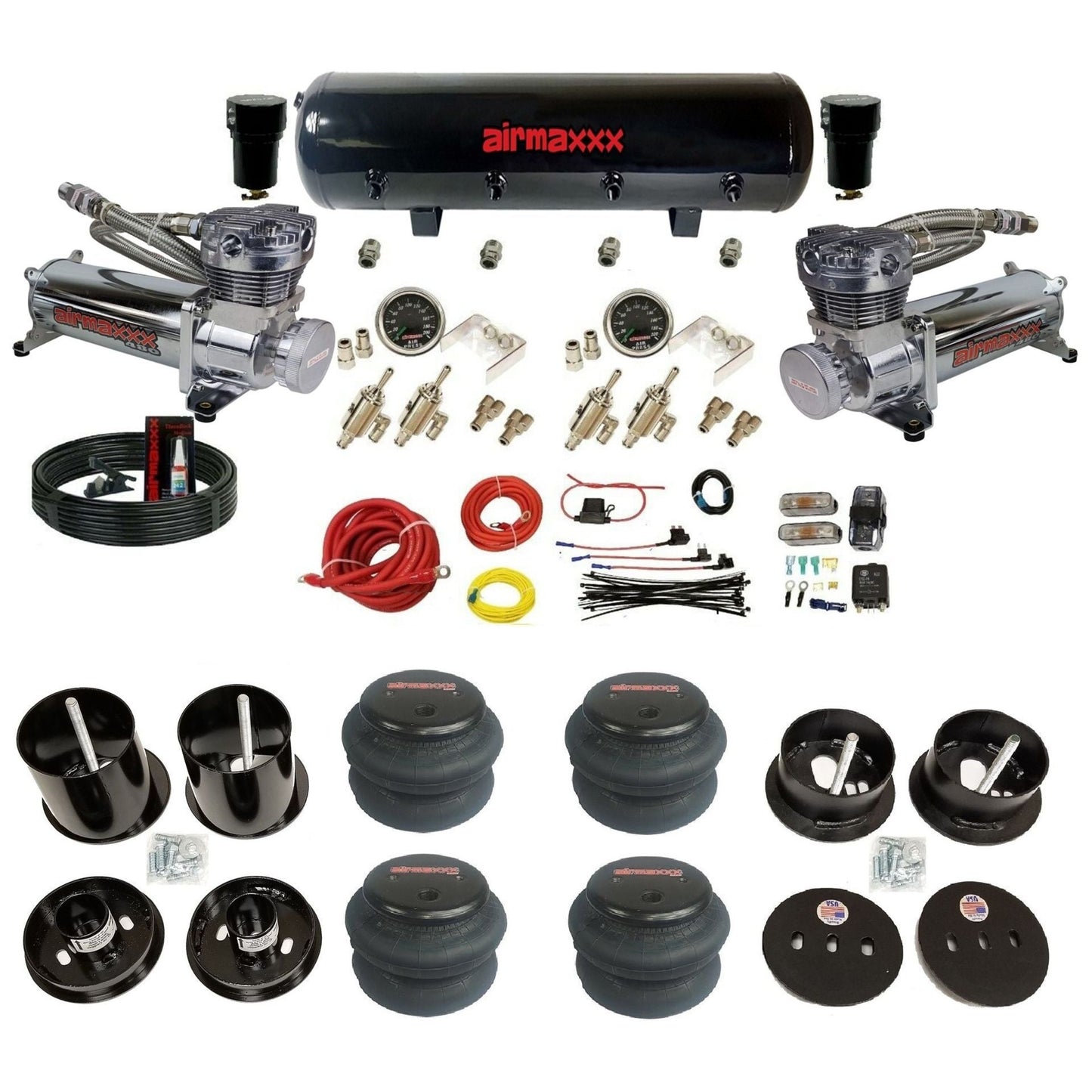 complete airmaxxx 1963-64 Cadillac suspension kit with 480 chrome compressors 2600 bags and steel tank KCAD63-480C2-59S-4TOG2GA2B-WK-H
