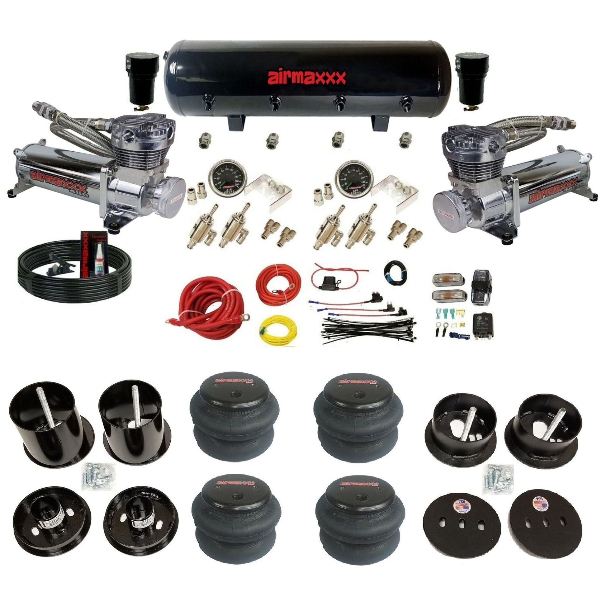 complete airmaxxx 1963-64 Cadillac suspension kit with 480 chrome compressors 2600 bags and steel tank KCAD63-480C2-59S-4TOG2GA2B-WK-H