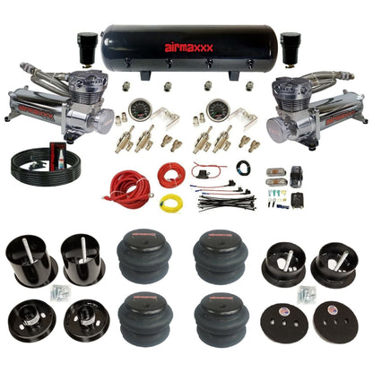 complete airmaxxx 1963-64 Cadillac suspension kit with 480 chrome compressors 2600 bags and steel tank KCAD63-480C2-59S-4TOG2GA2B-WK-H