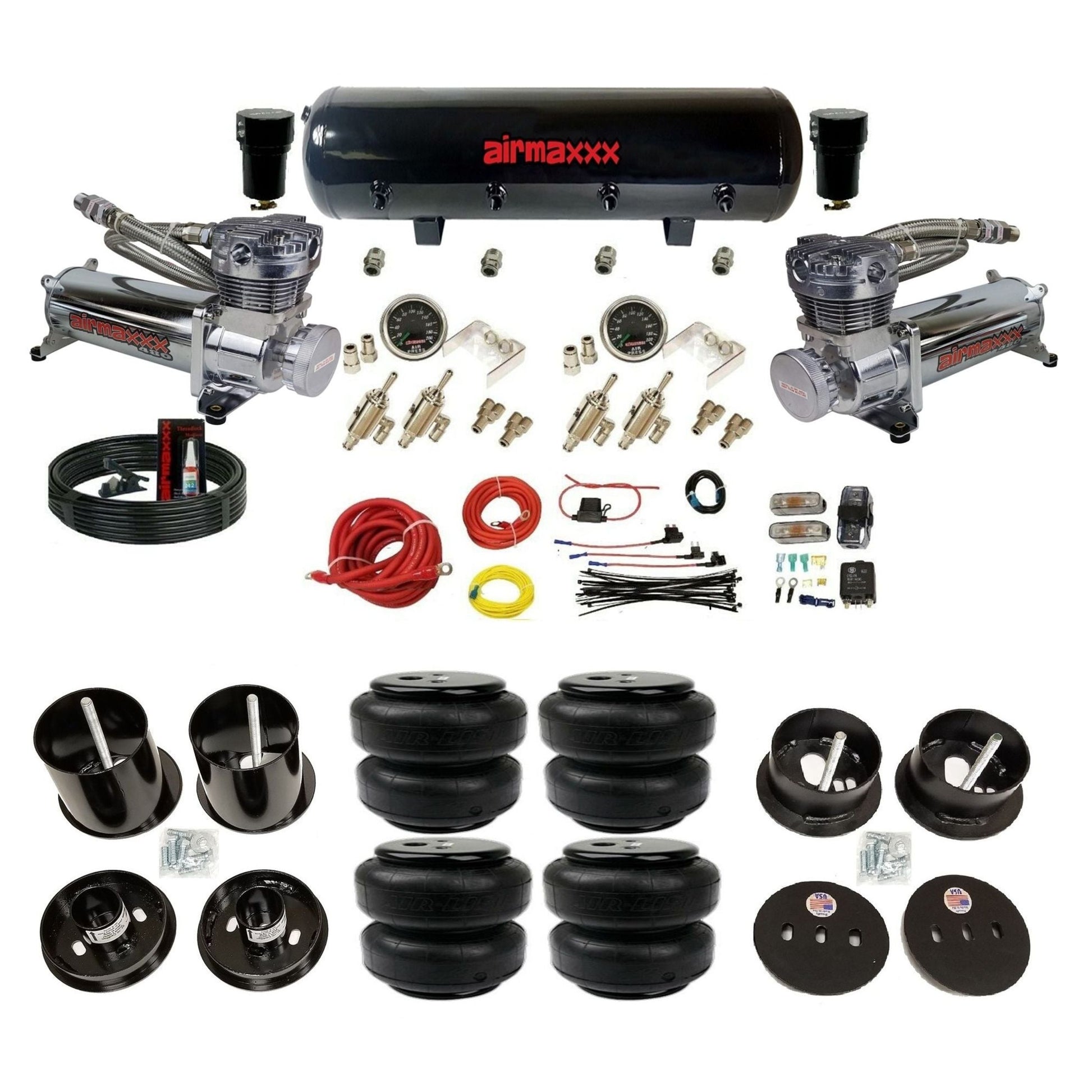 complete airmaxxx 1963-64 Cadillac suspension kit with 480 chrome compressors Air Lift bags and steel tank KCAD63-480C2-59S-4TOG2GA2B-WK-HFD25