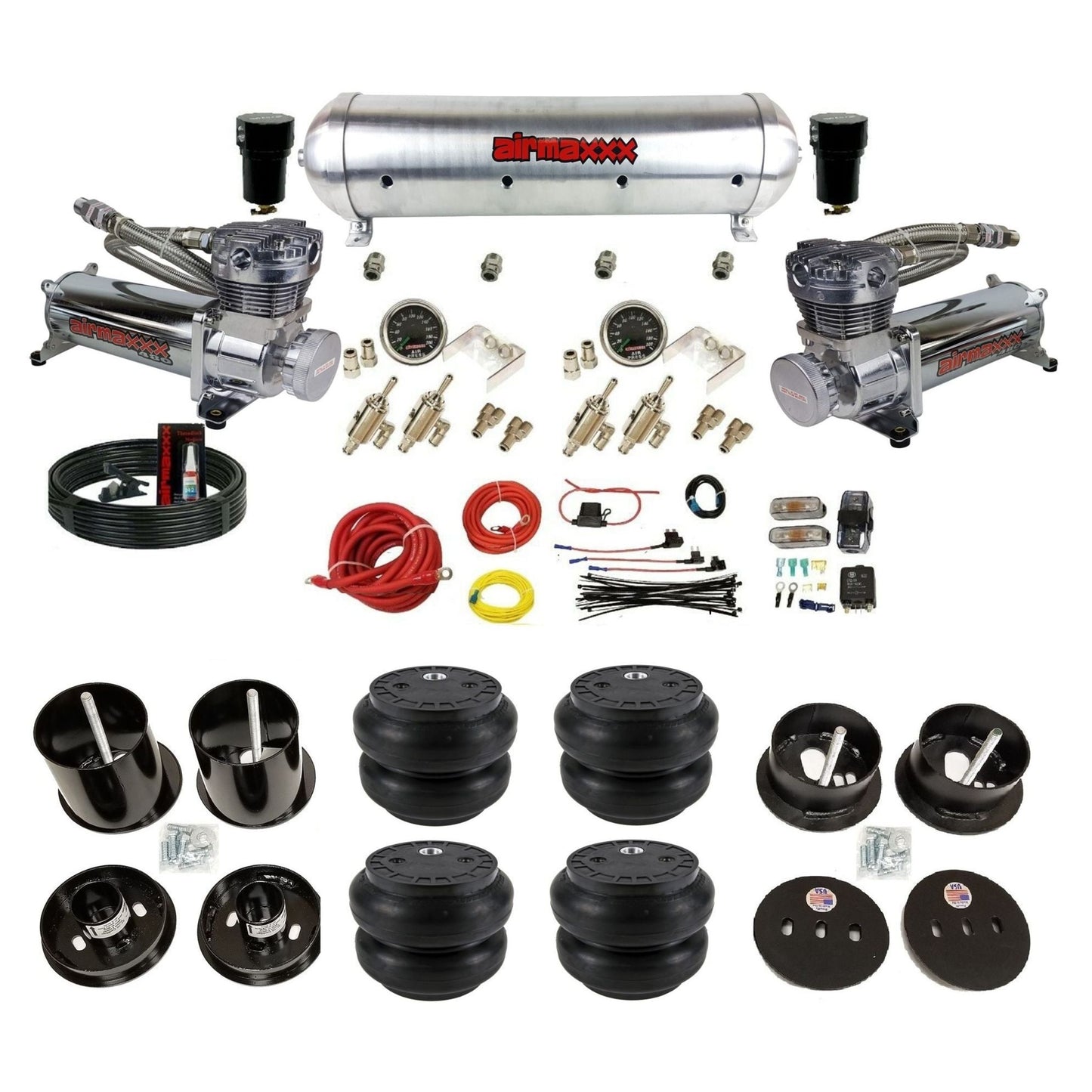 complete airmaxxx 1963-64 Cadillac suspension kit with 480 chrome compressors Slam bags and raw aluminum tank KCAD63-480C2-59ARW-4TOG2GA2B-WK-HFSS7