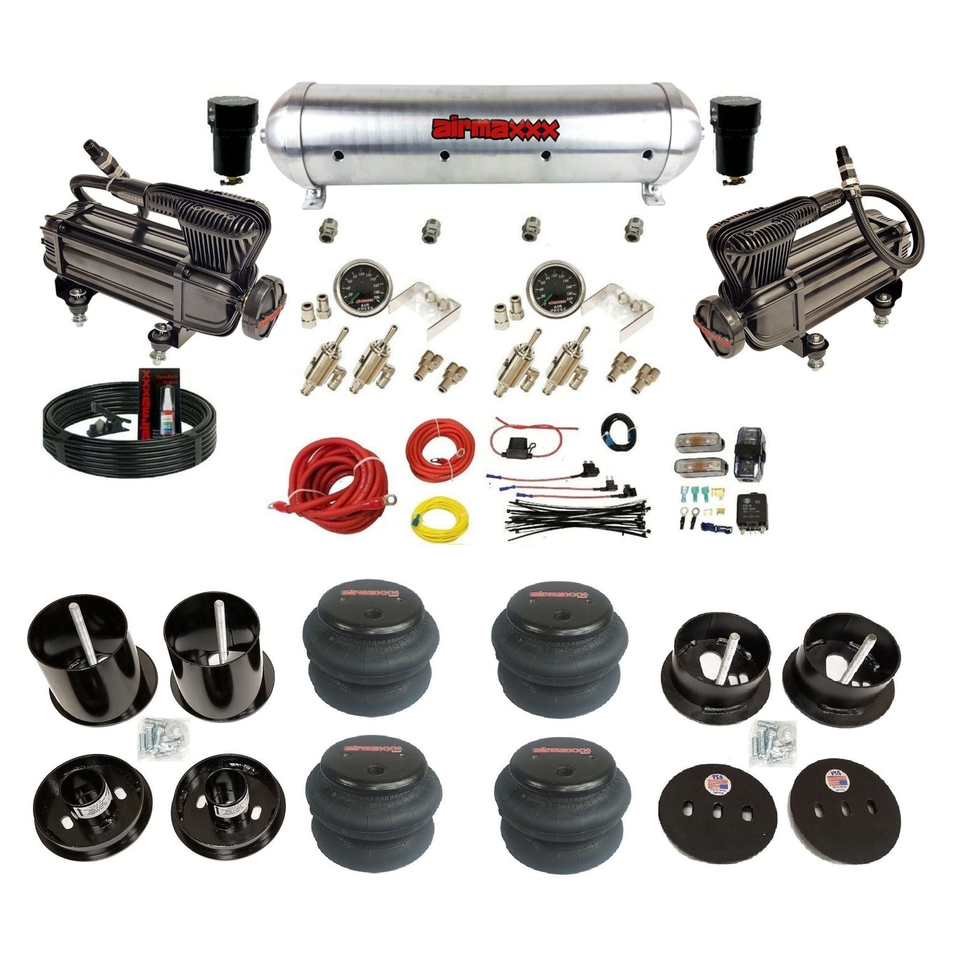 complete airmaxxx 1963-64 Cadillac suspension kit with X-series compressors 2600 bags and raw aluminum tank KCAD63-XB2-59ARW-4TOG2GA2B-WK-HF