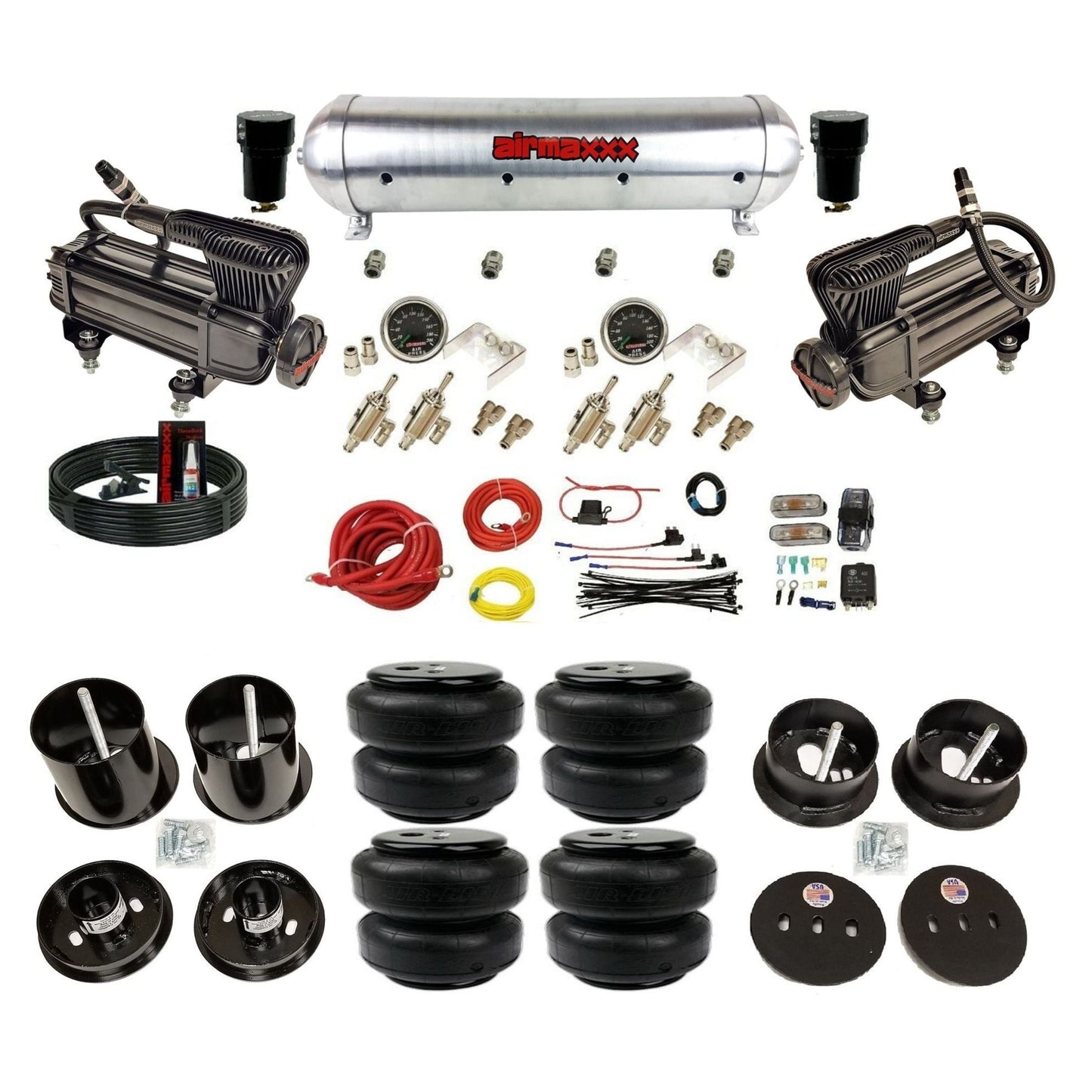 complete airmaxxx 1963-64 Cadillac suspension kit with X-series compressors Air Lift bags and raw aluminum tank KCAD63-XB2-59ARW-4TOG2GA2B-WK-HFD25