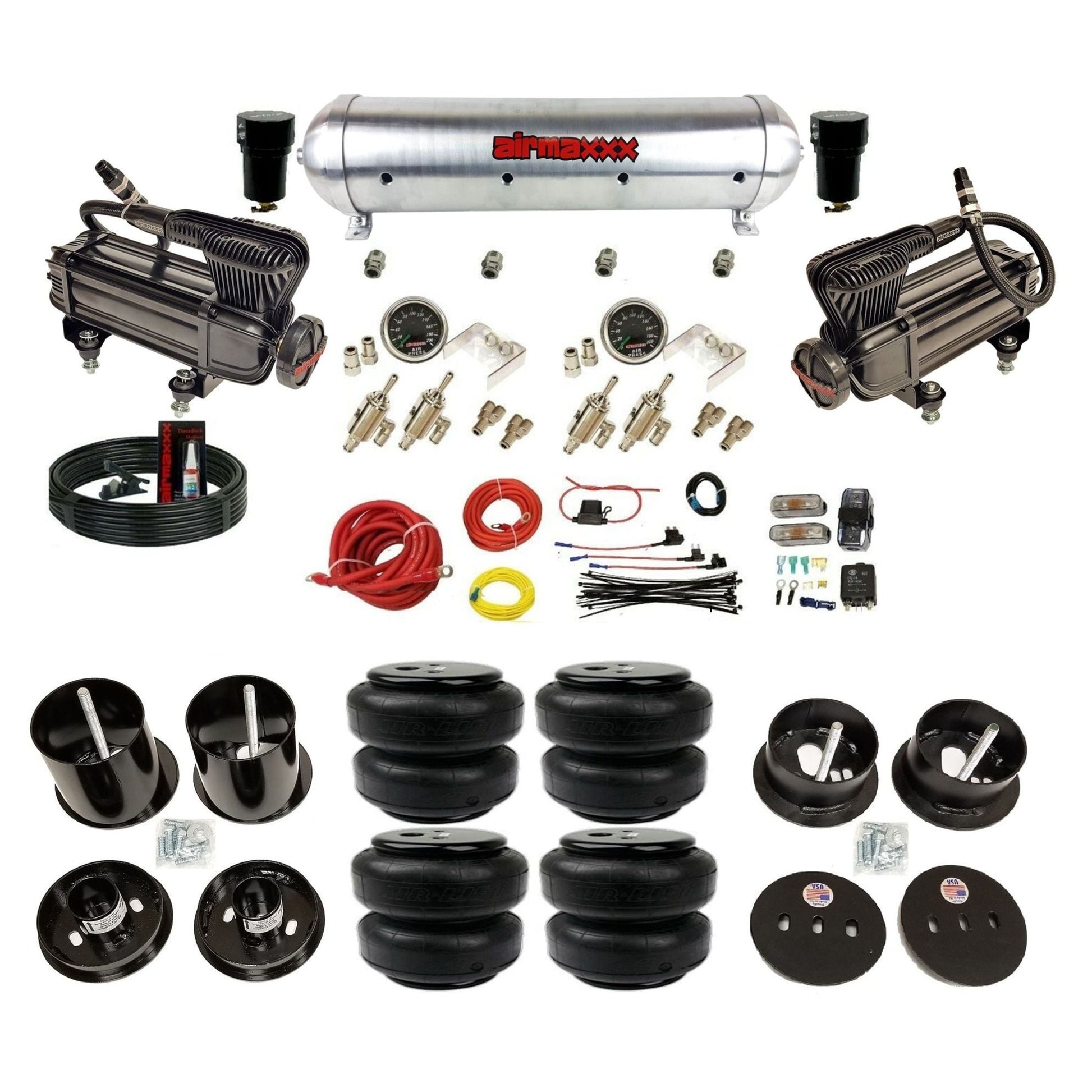 complete airmaxxx 1963-64 Cadillac suspension kit with X-series compressors Air Lift bags and raw aluminum tank KCAD63-XB2-59ARW-4TOG2GA2B-WK-HFD25
