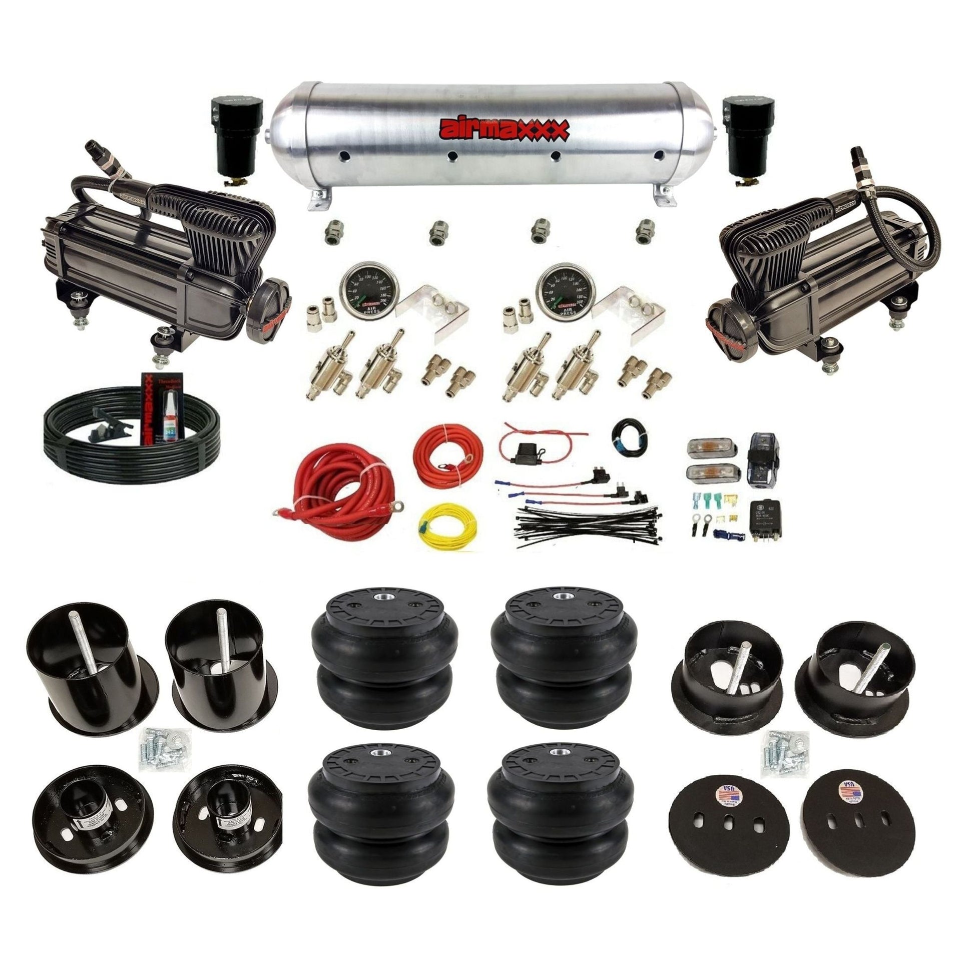 complete airmaxxx 1963-64 Cadillac suspension kit with X-series compressors Slam bags and raw aluminum tank KCAD63-XB2-59ARW-4TOG2GA2B-WK-HFSS7