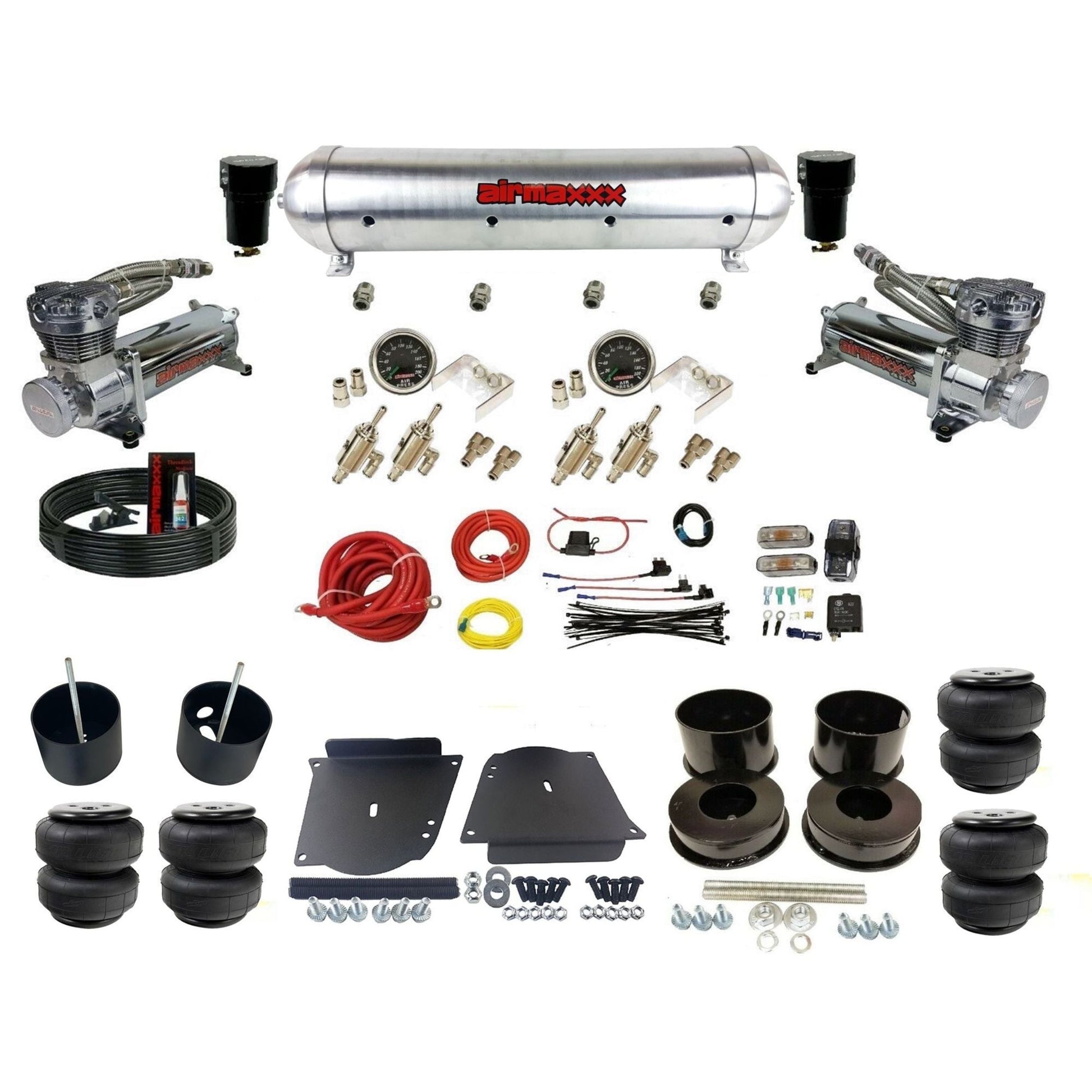 complete airmaxxx 480 chrome compressors raw aluminum tank Air Lift bags air ride kit fits 1964-72 GM A-Body classics KABDY-480C2-59ARW-4TOG2GA2B-WK-HFD25