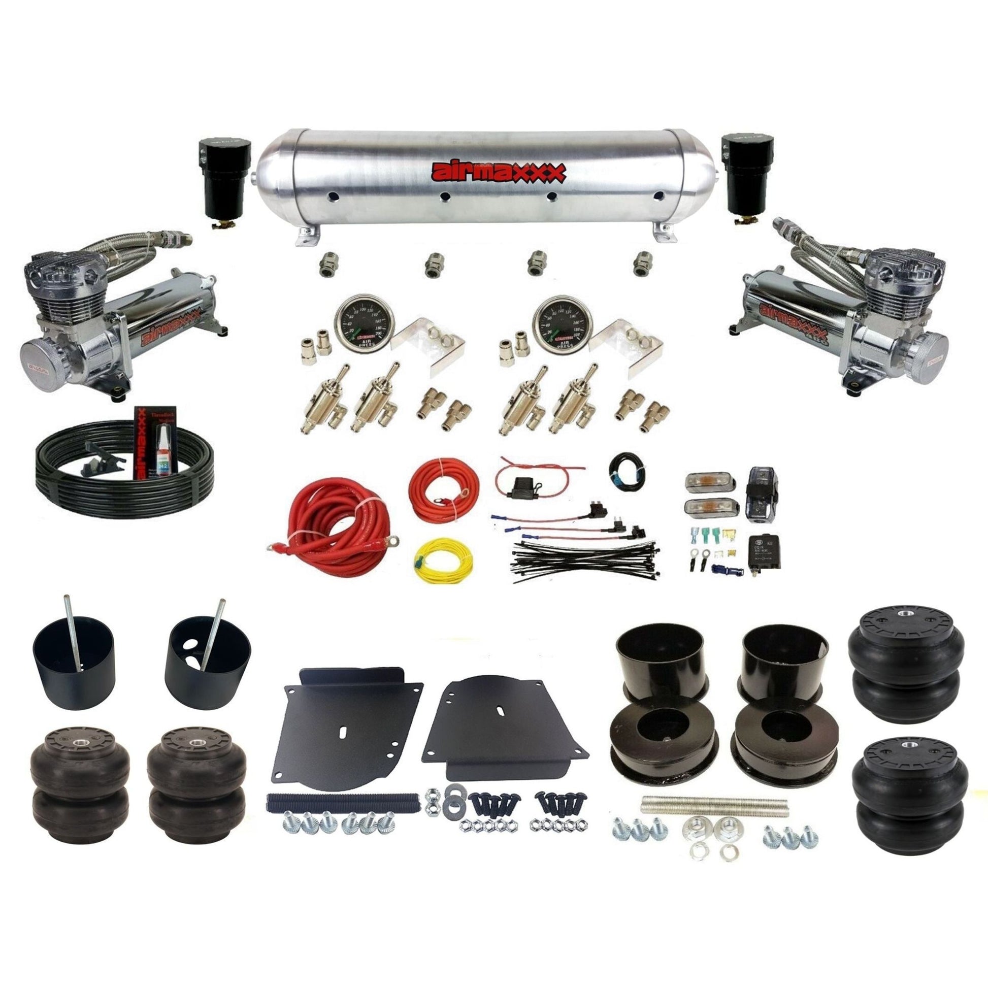 complete airmaxxx 480 chrome compressors raw aluminum tank Slam bags air ride kit fits 1964-72 GM A-Body classics KABDY-480C2-59ARW-4TOG2GA2B-WK-HFSS6SS7