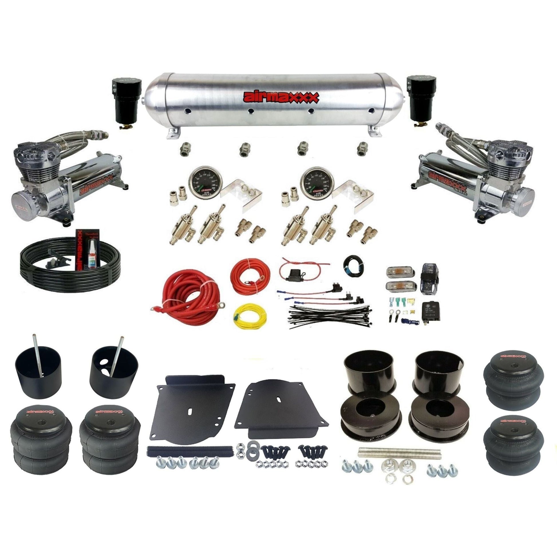 complete airmaxxx 480 chrome compressors raw aluminum tank bags air ride kit fits 1964-72 GM A-Body classics KABDY-480C2-59ARW-4TOG2GA2B-WK-HF