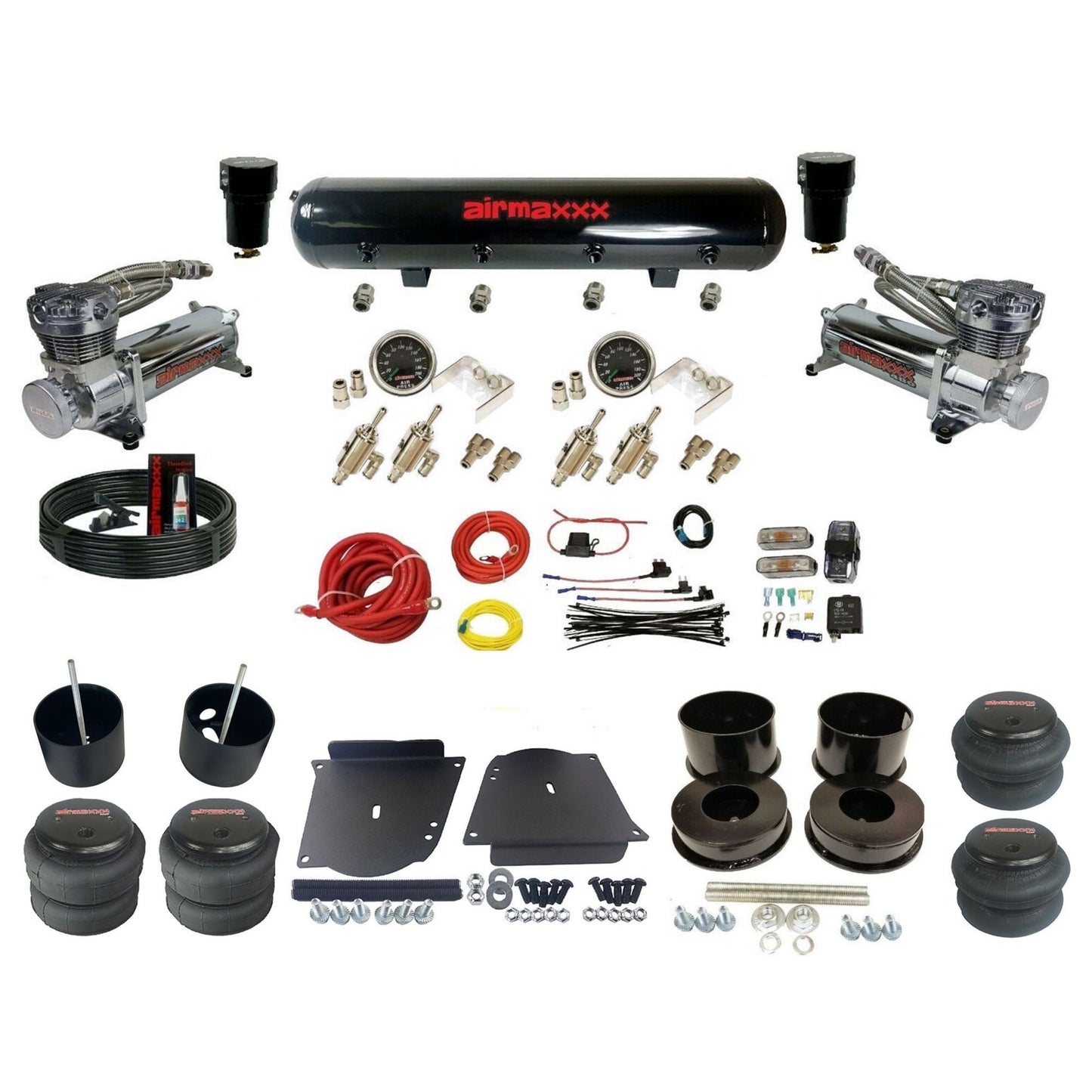 complete airmaxxx 480 chrome compressors steel tank 2600 bags air ride kit fits 1964-72 GM A-Body classics KABDY-480C2-59S-4TOG2GA2B-WK-HF