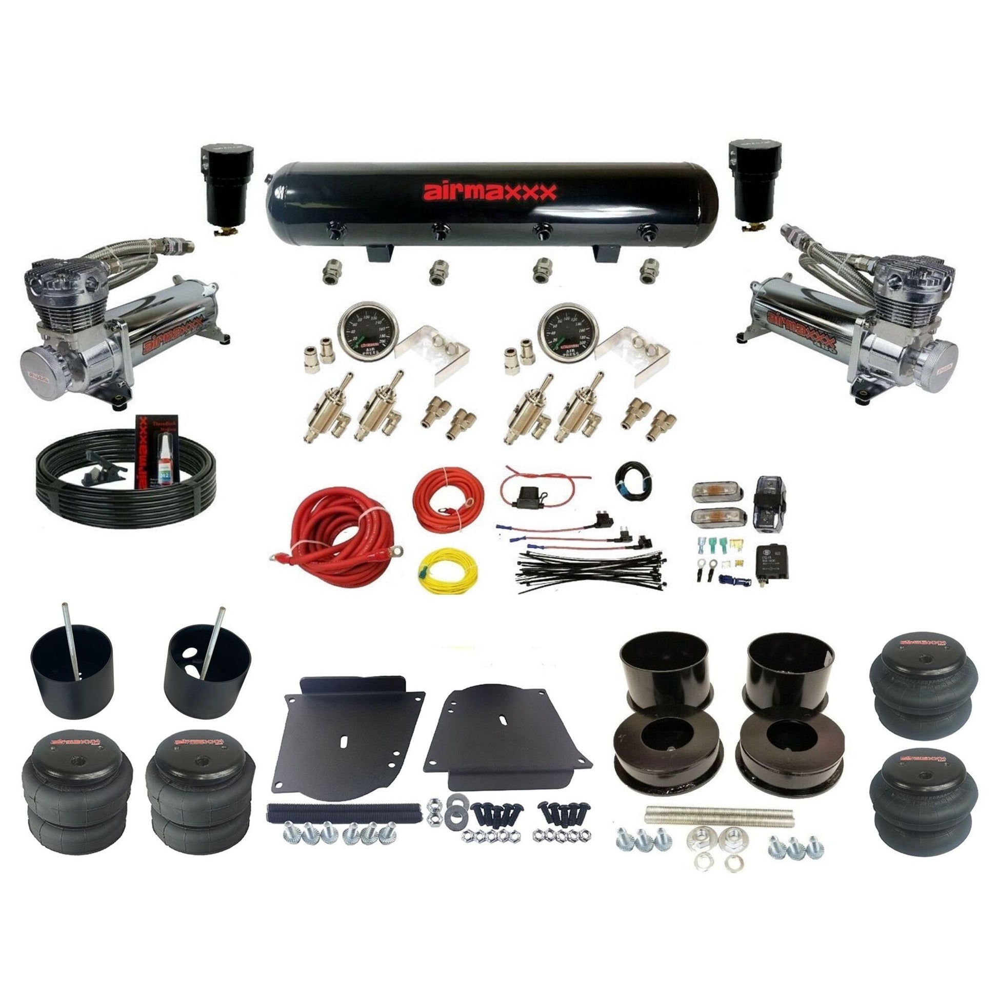 complete airmaxxx 480 chrome compressors steel tank 2600 bags air ride kit fits 1964-72 GM A-Body classics KABDY-480C2-59S-4TOG2GA2B-WK-HF