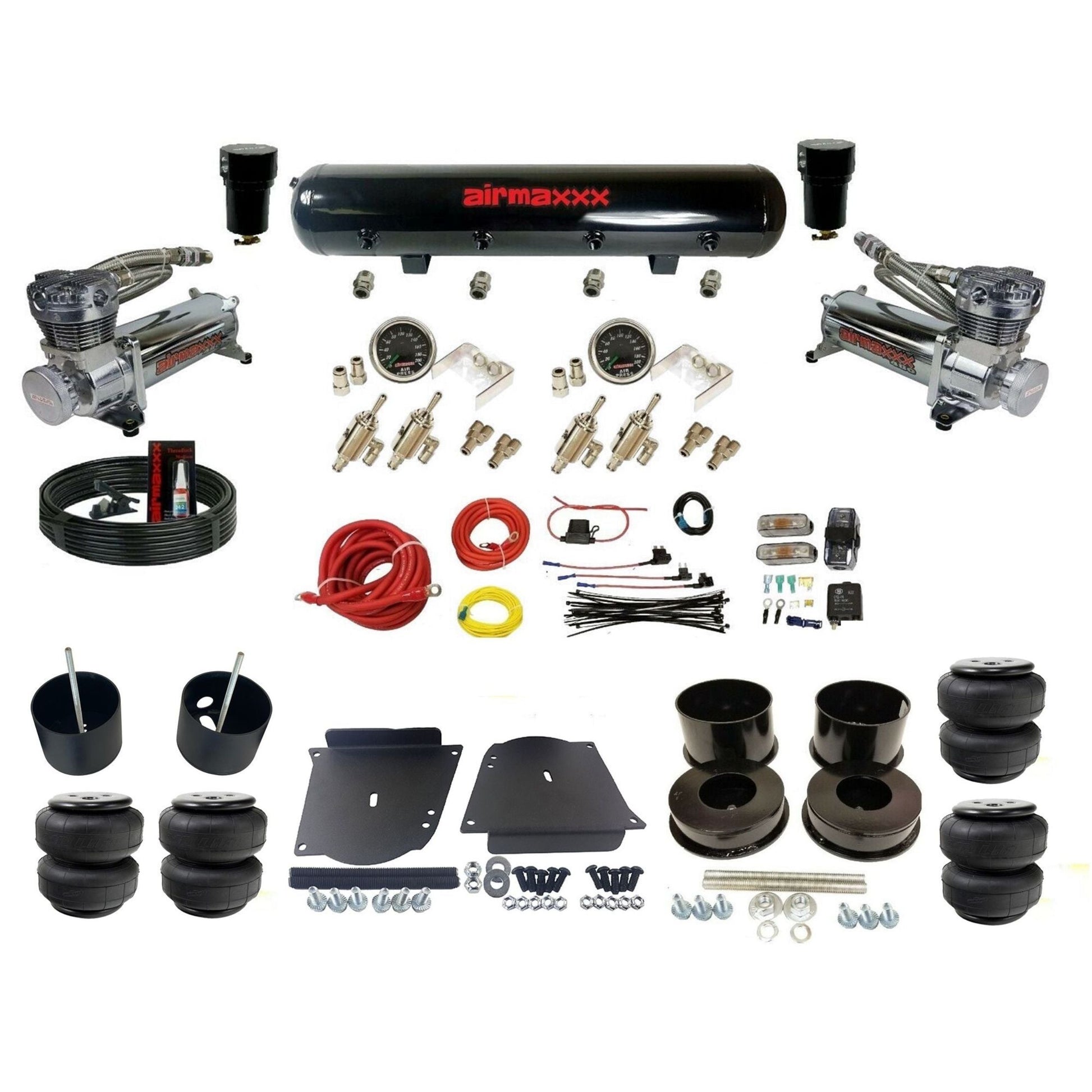 complete airmaxxx 480 chrome compressors steel tank Air Lift bags air ride kit fits 1964-72 GM A-Body classics KABDY-480C2-59S-4TOG2GA2B-WK-HFD25