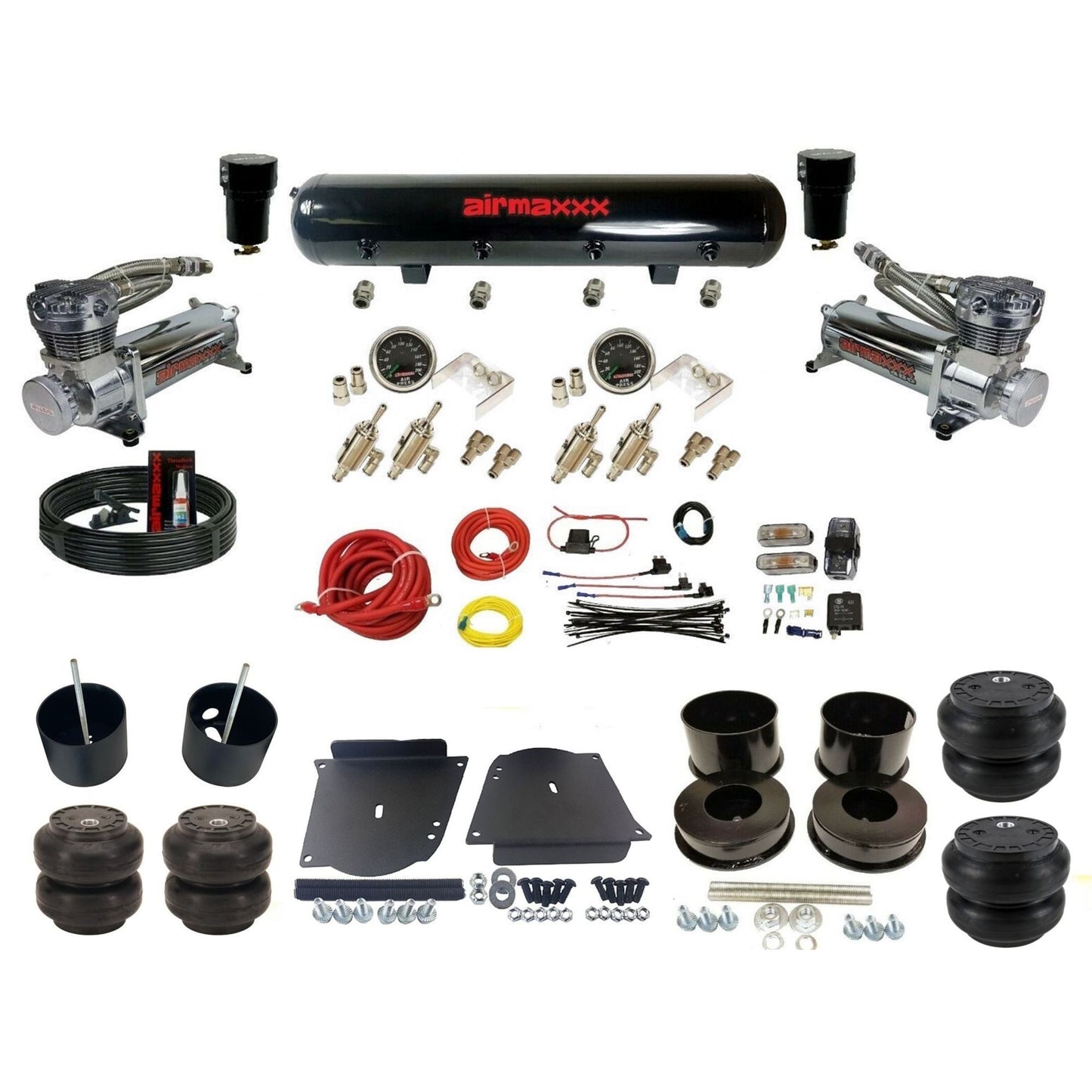 complete airmaxxx 480 chrome compressors steel tank Slam bags air ride kit fits 1964-72 GM A-Body classics KABDY-480C2-59S-4TOG2GA2B-WK-HFSS6SS7