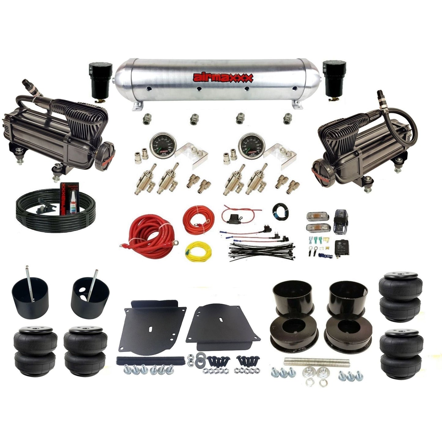 complete airmaxxx X-series compressors raw aluminum tank Air Lift bags air ride kit fits 1964-72 GM A-Body KABDY-XB2-59ARW-4TOG2GA2B-WK-HFD25