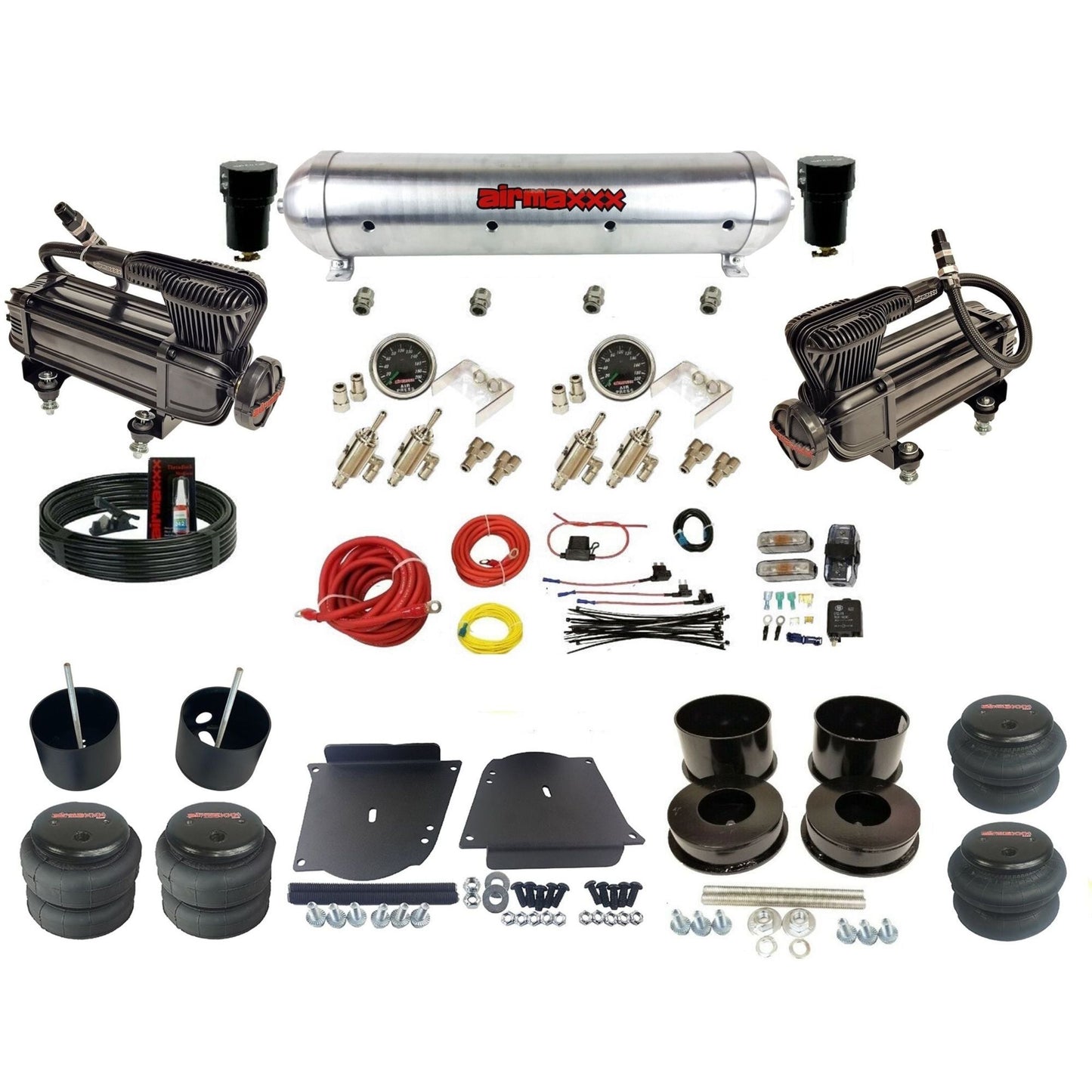 complete airmaxxx X-series compressors raw aluminum tank bags air ride kit fits 1964-72 GM A-Body KABDY-XB2-59ARW-4TOG2GA2B-WK-HFclassics