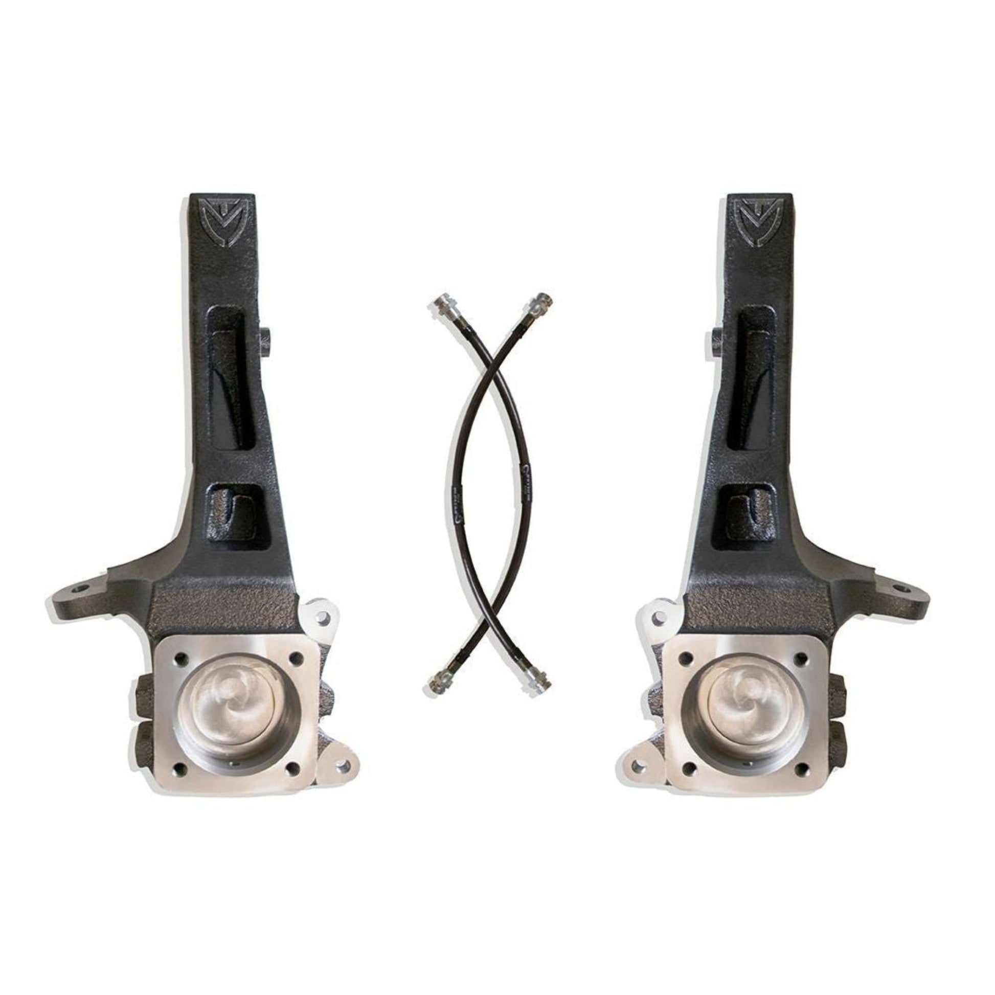 toyota tacoma 4 inch lift kit | tacoma spindle lift components | ductile steel lift spindle pair | extended brake line kit | black e coated suspension parts | 33 inch tire clearance setup