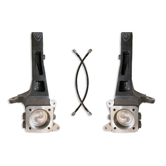 toyota tacoma 4 inch lift kit | tacoma spindle lift components | ductile steel lift spindle pair | extended brake line kit | black e coated suspension parts | 33 inch tire clearance setup