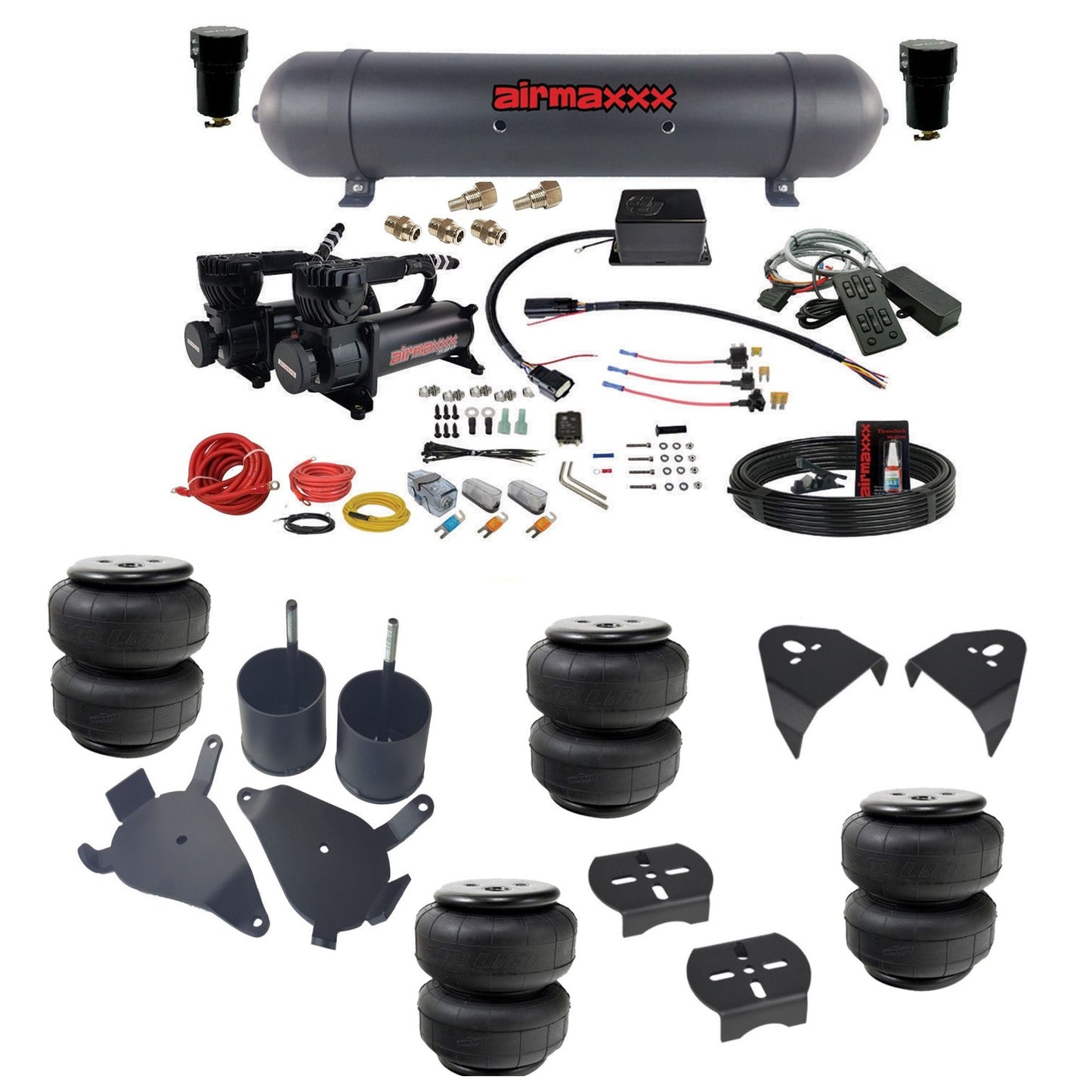 slam sv8c 3/8 dual 580 black compressors aluminum tank airlift bags & airmaxxx brackets air suspension kit fits 1982-2004 chevy s10/S15/Sonoma 2wd KS10-580B2-57ABK-SV8CMC1-WK-HFD25