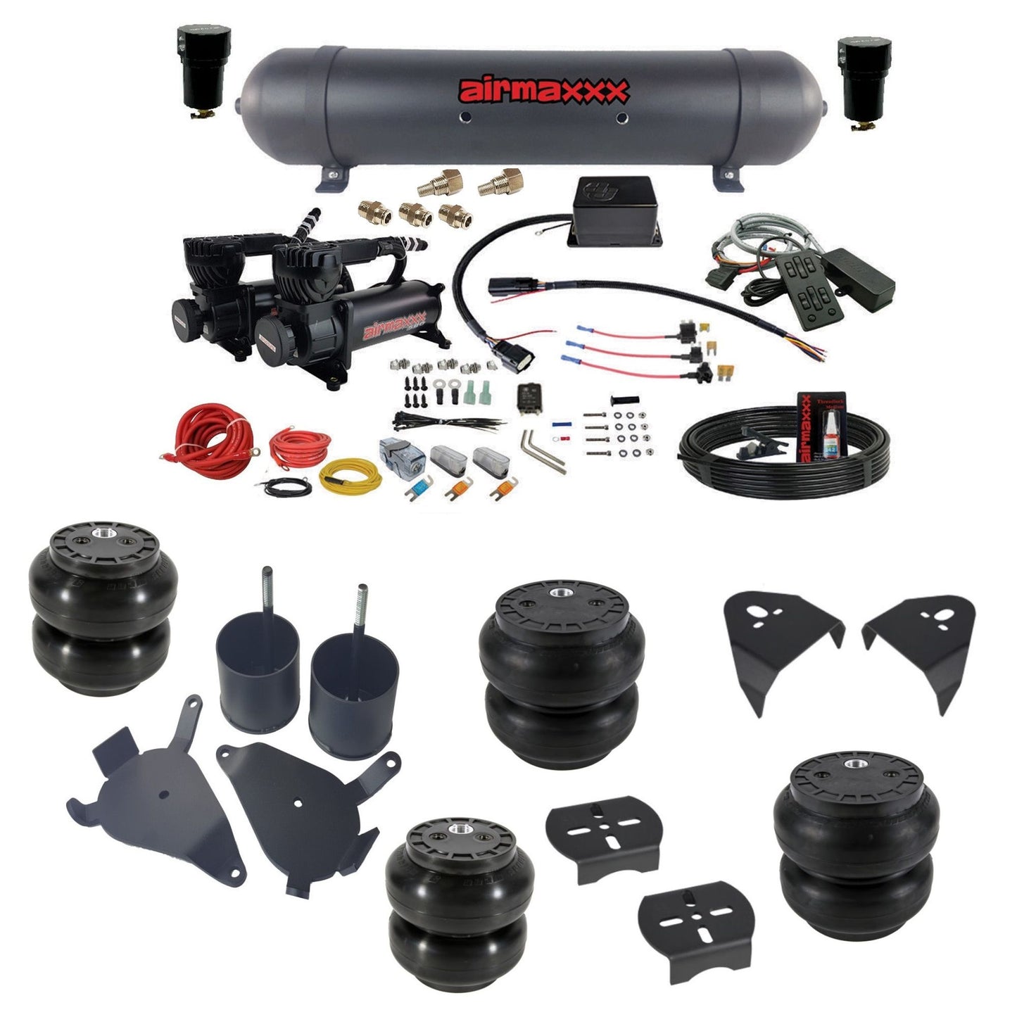slam sv8c 3/8 dual 580 black compressors aluminum tank slam bags & airmaxxx brackets air suspension kit fits 1982-2004 chevy s10/S15/Sonoma 2wd KS10-580B2-57ABK-SV8CMC1-WK-HFSS6SS7