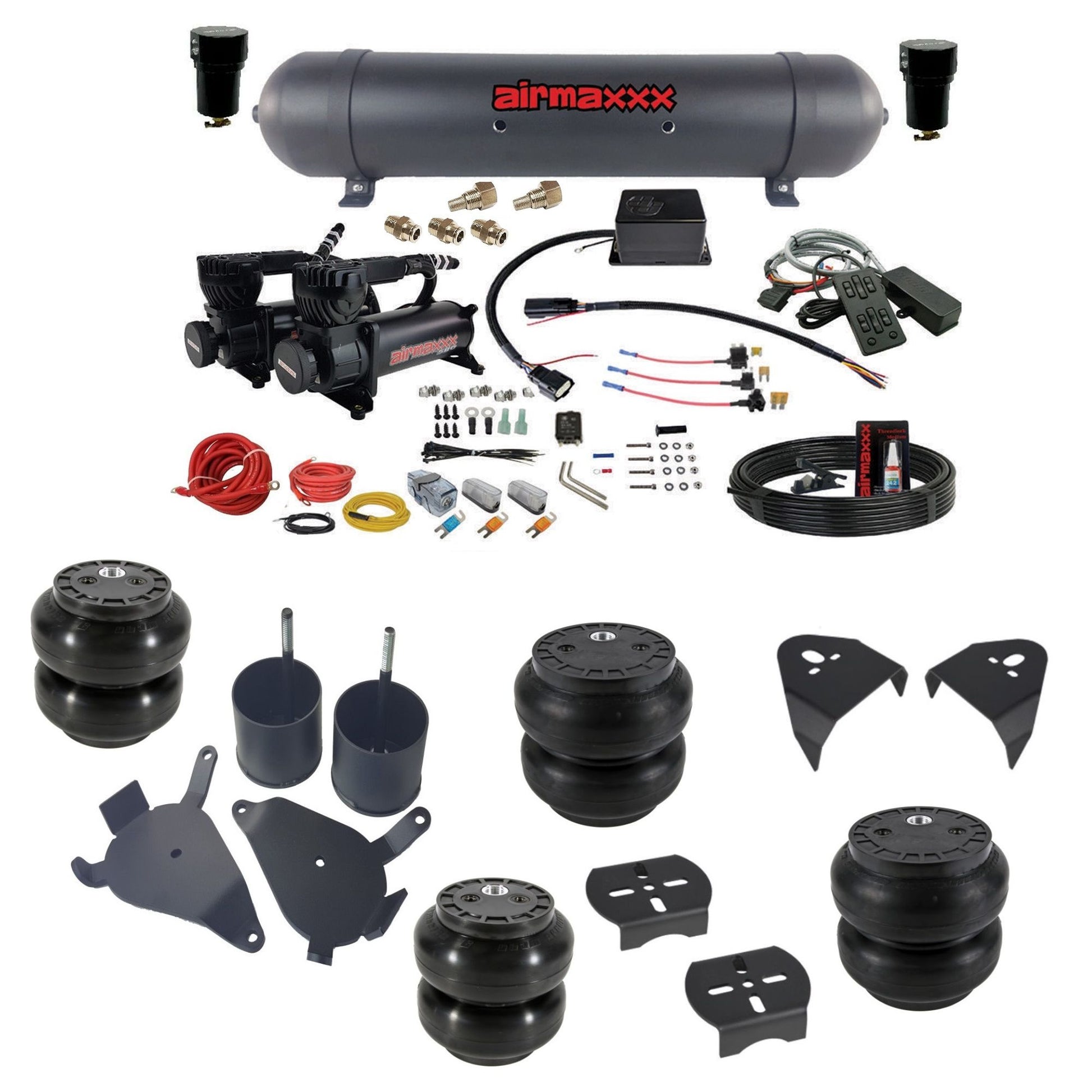 slam sv8c 3/8 dual 580 black compressors aluminum tank slam bags & airmaxxx brackets air suspension kit fits 1982-2004 chevy s10/S15/Sonoma 2wd KS10-580B2-57ABK-SV8CMC1-WK-HFSS6SS7