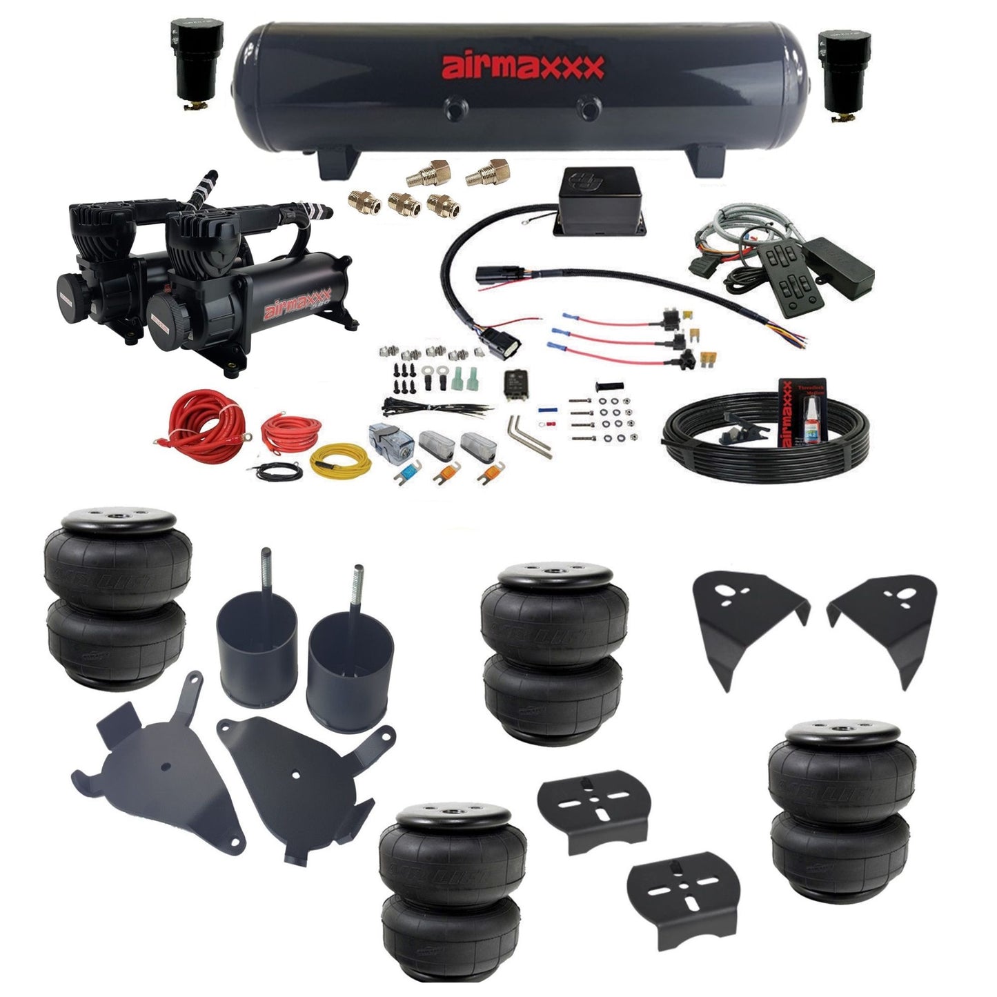 slam sv8c 3/8 dual 580 black compressors steel tank airlift bags & airmaxxx brackets air suspension kit fits 1982-2004 chevy s10/S15/Sonoma 2wd KS10-580B2-57S-SV8CMC1-WK-HFD25