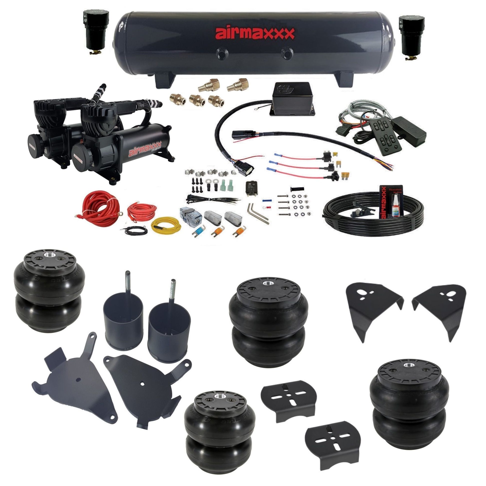 slam sv8c 3/8 dual 580 black compressors steel tank slam bags & airmaxxx brackets air suspension kit fits 1982-2004 chevy s10/S15/Sonoma 2wd KS10-580B2-57S-SV8CMC1-WK-HFSS6SS7