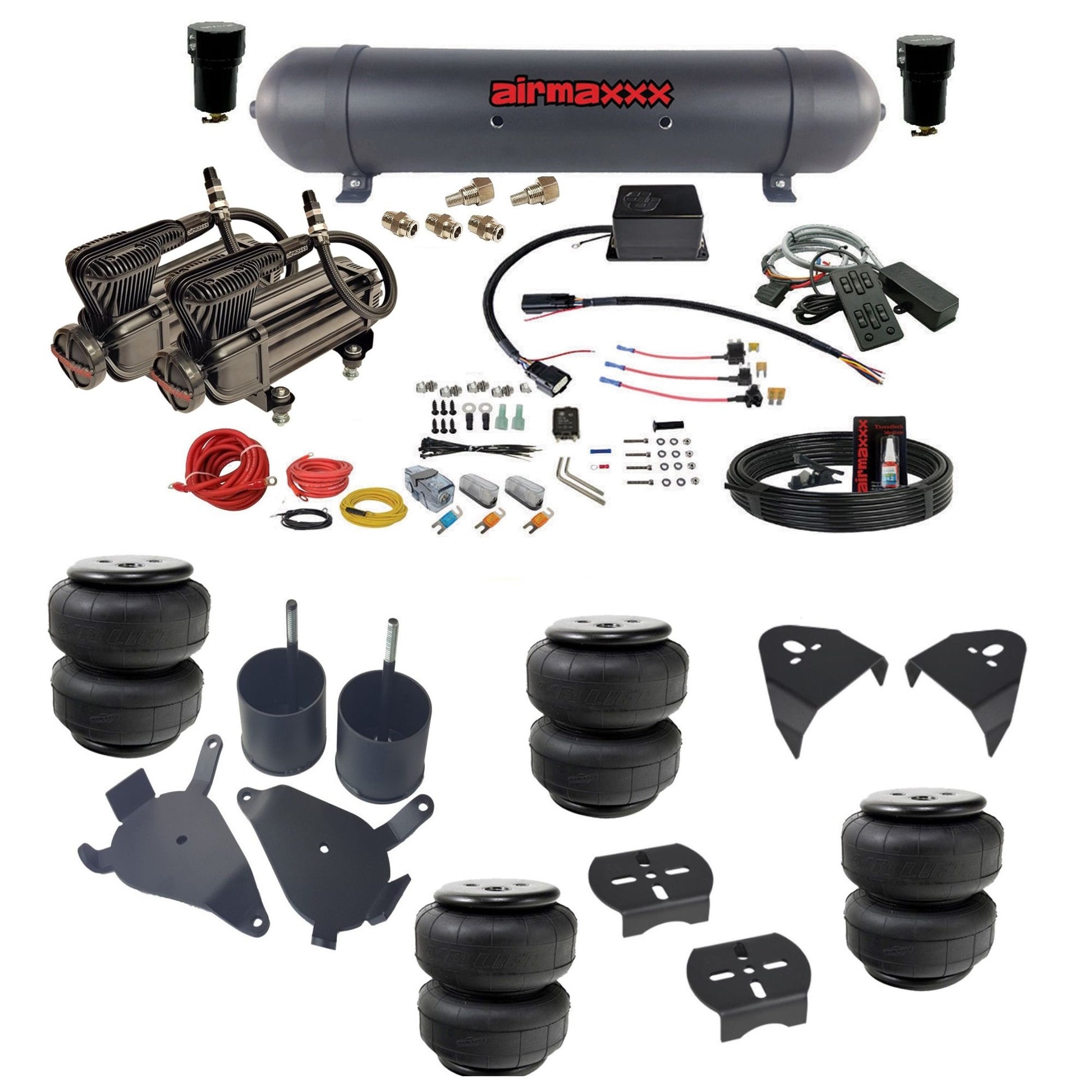 slam sv8c 3/8 dual x-series compressors aluminum tank airlift bags & airmaxxx brackets air suspension kit fits 1982-2004 chevy s10/S15/Sonoma 2wd KS10-XB2-57ABK-SV8CMC1-WK-HFD25