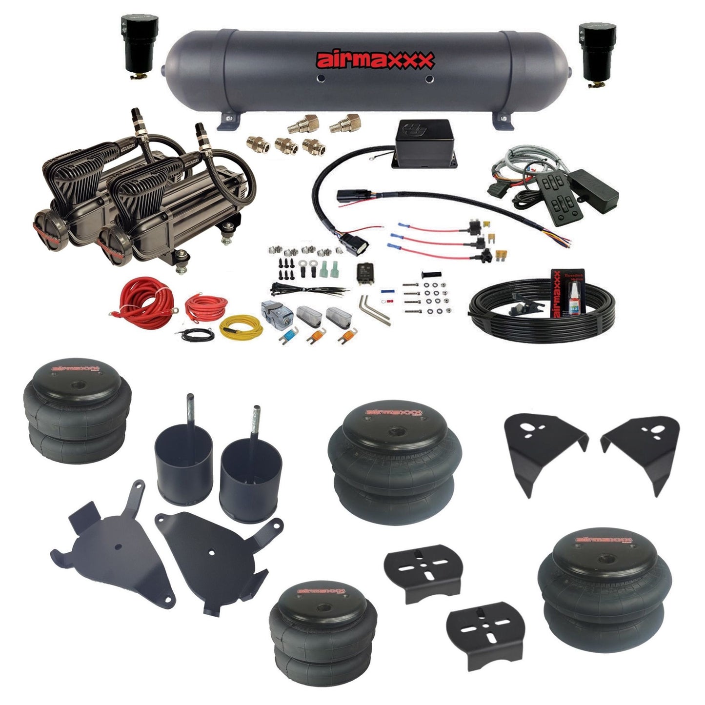 slam sv8c 3/8 dual x-series compressors aluminum tank bags & airmaxxx brackets air suspension kit fits 1982-2004 chevy s10/S15/Sonoma 2wd KS10-XB2-57ABK-SV8CMC1-WK-HF