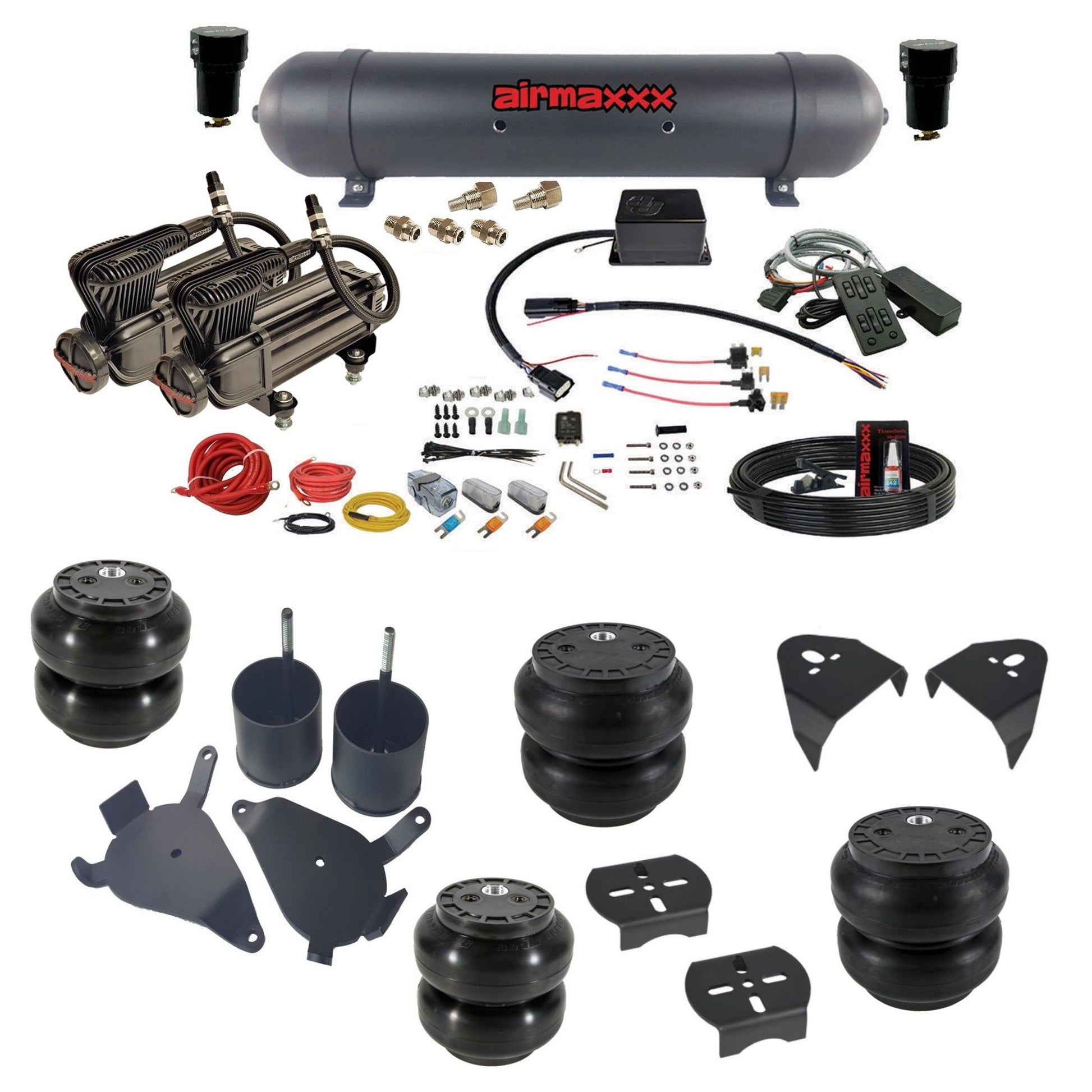 slam sv8c 3/8 dual x-series compressors aluminum tank slam bags & airmaxxx brackets air suspension kit fits 1982-2004 chevy s10/S15/Sonoma 2wd KS10-XB2-57ABK-SV8CMC1-WK-HFSS6SS7