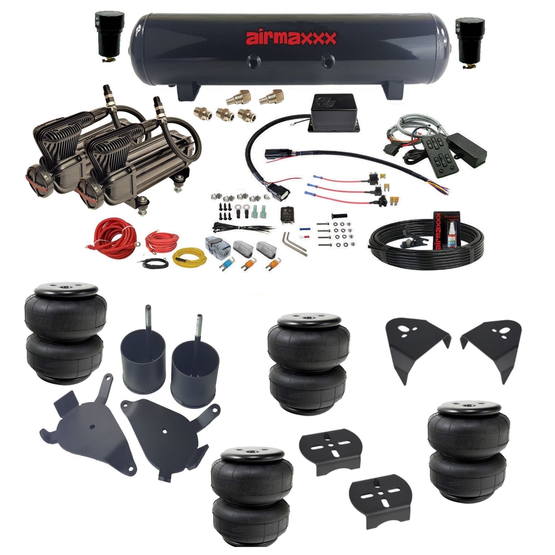 slam sv8c 3/8 dual x-series compressors steel tank airlift bags & airmaxxx brackets air suspension kit fits 1982-2004 chevy s10/S15/Sonoma 2wd S10-XB2-57S-SV8CMC1-WK-HFD25